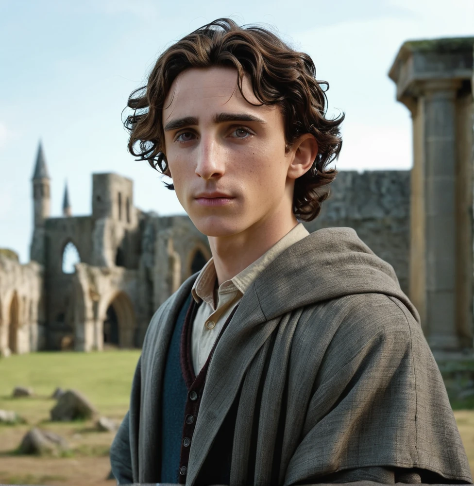 photo,8k,Envision a character who is the scion of a world-renowned wizard, with the same profound and introspective visage that calls to mind a real-life figure akin to Timothée Chalamet. This young man is distinguished by his naturally unkempt, ebony hair and lucid, discerning eyes that resonate with a well of knowledge and unvoiced thoughts. His physique is slender, echoing an elegance and dexterity that hint at his noble ancestry.

Heir to Harry Potter, his life is interwoven with a history as burdensome as it is illustrious. His wardrobe is a fusion of the old and the new – sophisticated wizarding attire with modern alterations and fabrics, heralding a fresh epoch in the magical realm.

The surrounding landscape is a stark contrast to his refinement. The grand edifice reminiscent of Hogwarts stands compromised and besieged. Its once majestic towers have succumbed to fracture and collapse, their remnants scattered like fallen soldiers on a battlefield. The atmosphere is heavy with the remnants of magical disarray and the remnants of a recent tumultuous encounter. Our hero stands central in this tableau of destruction, a solitary figure of resilience and potential amidst the ruins. In his hand is a wand, gripped with intent and poise, his posture an embodiment of both the weight of his lineage and the courage to transcend it. Looming in the background, the fractured profile of the school serves as a somber backdrop, an impetus for the narrative of restoration he is poised to begin.:0.7,freckles, photo, (realistic:1.3), 8k,