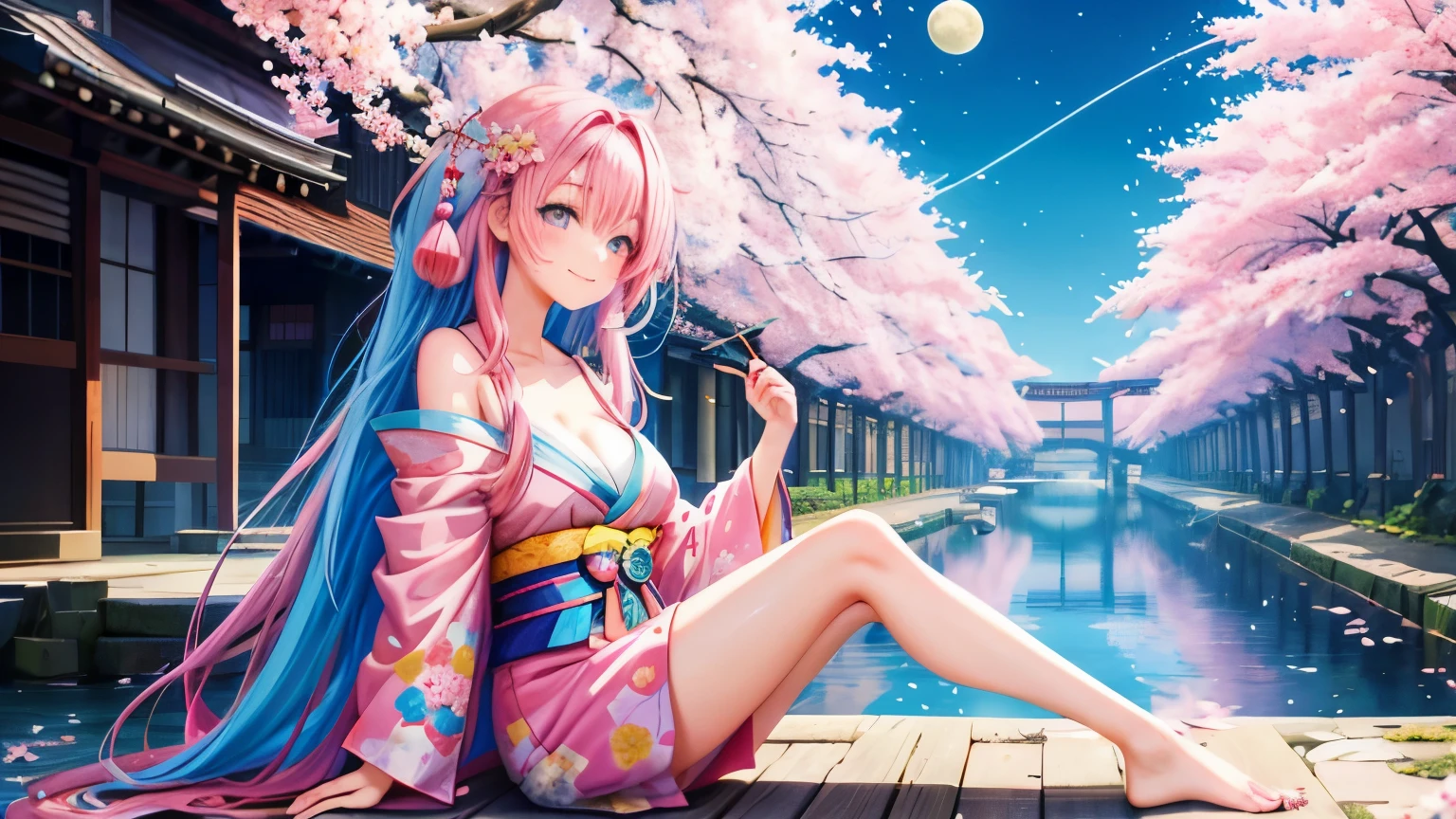 anime, one girl, colorful hair,pink hair and blue hair、 Hair is tangled, pink eyes, Kyoto, cherry blossoms、petal、moon, pink patterned kimono, off shoulder, sitting, alone,cleavage、smile