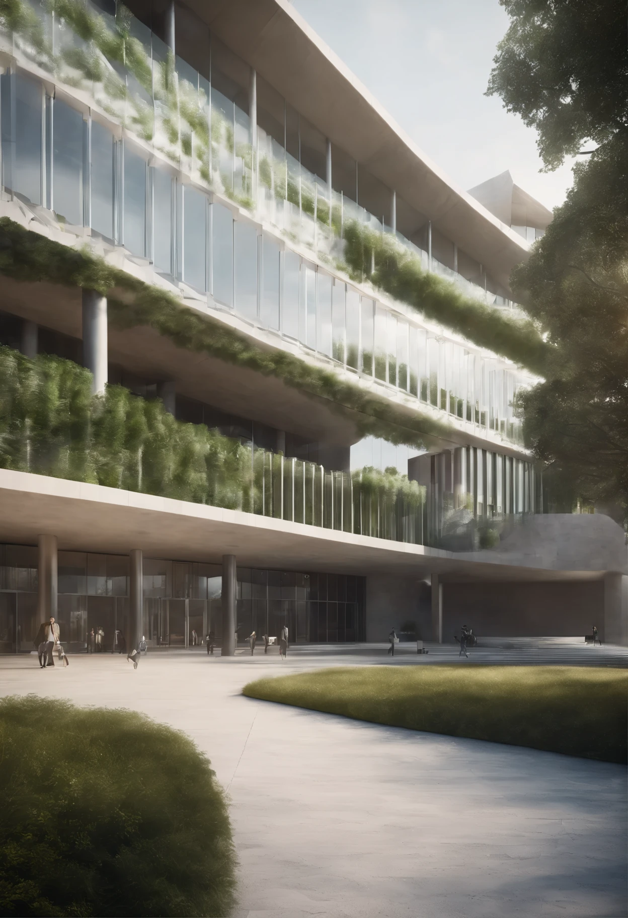 Generates a hyperrealistic 3D 4k image of a futuristic architecture for a Science and Technology university building in modern international style. The construction, en un estilo blanco con textura blanca, It is made up of multiple independent academic buildings, destacando un gran edificio escolar. Los materiales incluyen vidrio verde claro, ceramic and metal, offering a comfortable and modern construction. Surrounded by a lawn with pine trees, The design is inspired by the architecture of John Savior, with an emphasis on functionality and contemporary aesthetics