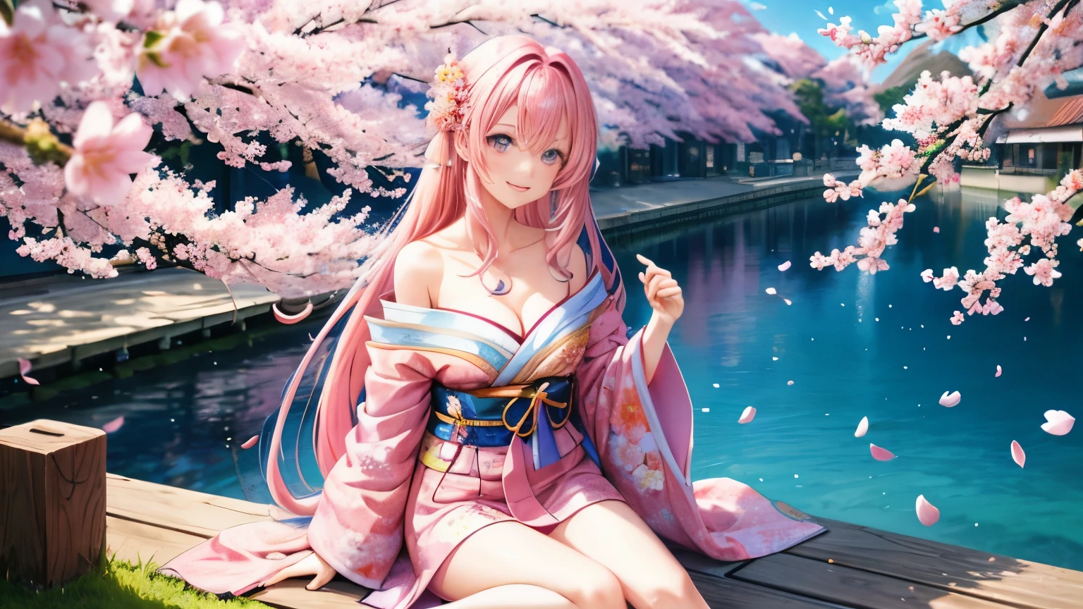 anime, one girl, colorful hair,pink hair and blue hair、 Hair is tangled, pink eyes, Kyoto, cherry blossoms、petal、moon, pink patterned kimono, off shoulder, sitting, alone,、smile
