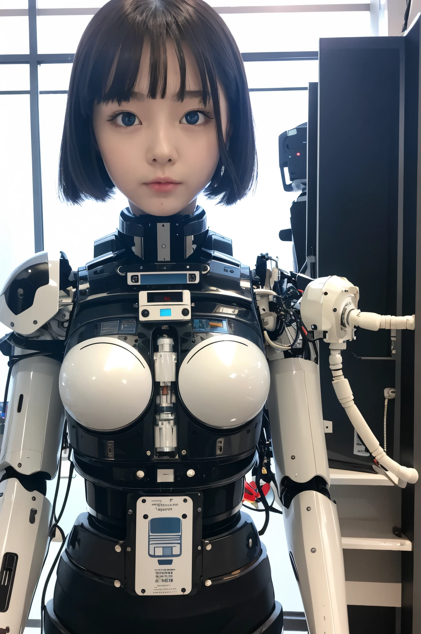 masterpiece, best quality, extremely detailed, Japaese android girl,Plump ,control panels,android,Droid,Mechanical Hand, Robot arms and legs,Blunt bangs,perfect robot girl,long tube,thick cable connected her neck,android,robot,humanoid,cyborg,japanese cyborg girl ,robot-assembly plant,She has assembled now,assembly scene,chest monitor,blue eyes