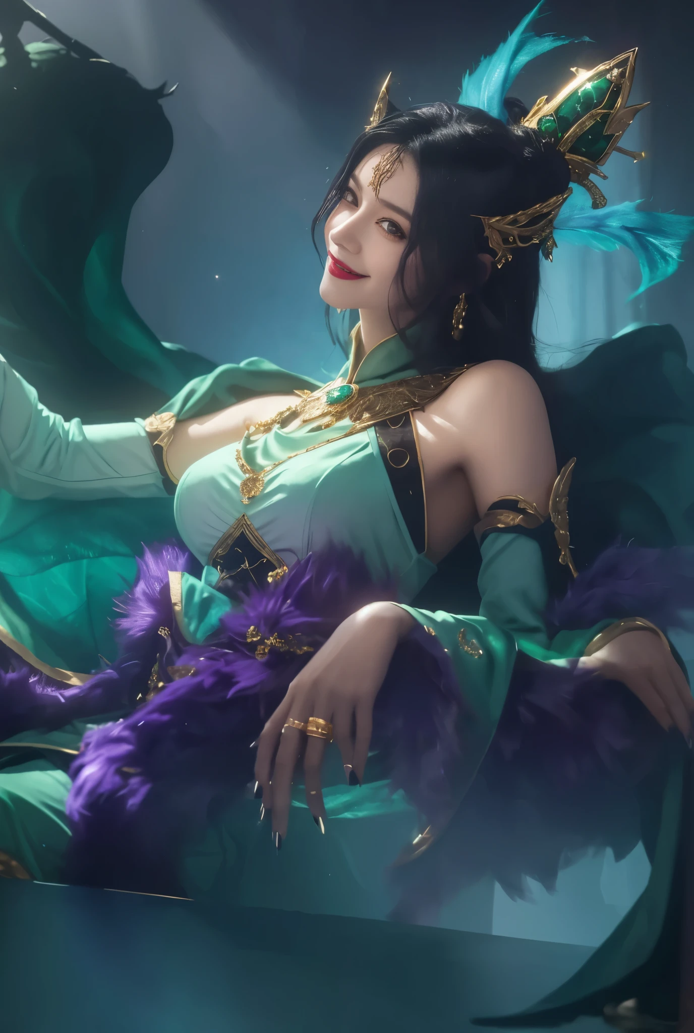 (best quality, highres), close-up of a woman in a costume, queen, beautiful, dark green and black hair, evil smile, long purple nails, detailed eyes and lips, regal pose, intricate costume, gold and purple accents, dramatic lighting, rich colors, fantasy style