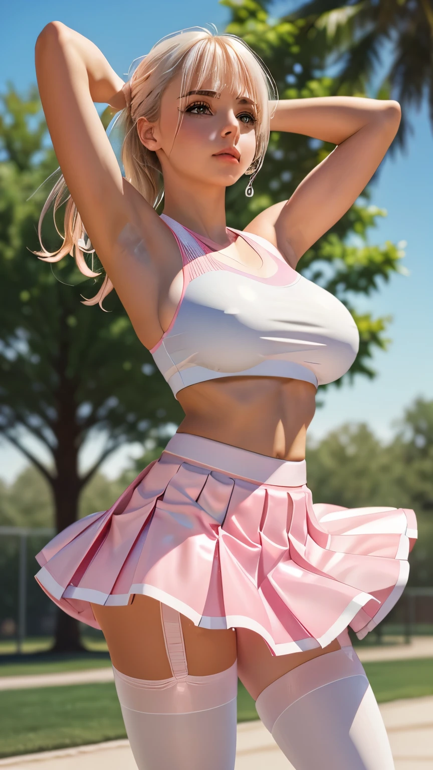 a cheerleader, white and pink clothing, (huge breasts:1.3), (cheerleader skirt:1.2), (pleated pink cheerleader skirt:1.1), (shiny sheer brown pantyhose:1.2), (her tanktop is white), low wedge heel booties, long straight platinum-blonde hair, hair covering one eye, (emphasis on her legs and feet:1.2), small hips, small butt, cheerleader pose, thin, (skinny), fit, short, athletic, backdrop of a park, masterpiece, 8k, amazing detail,