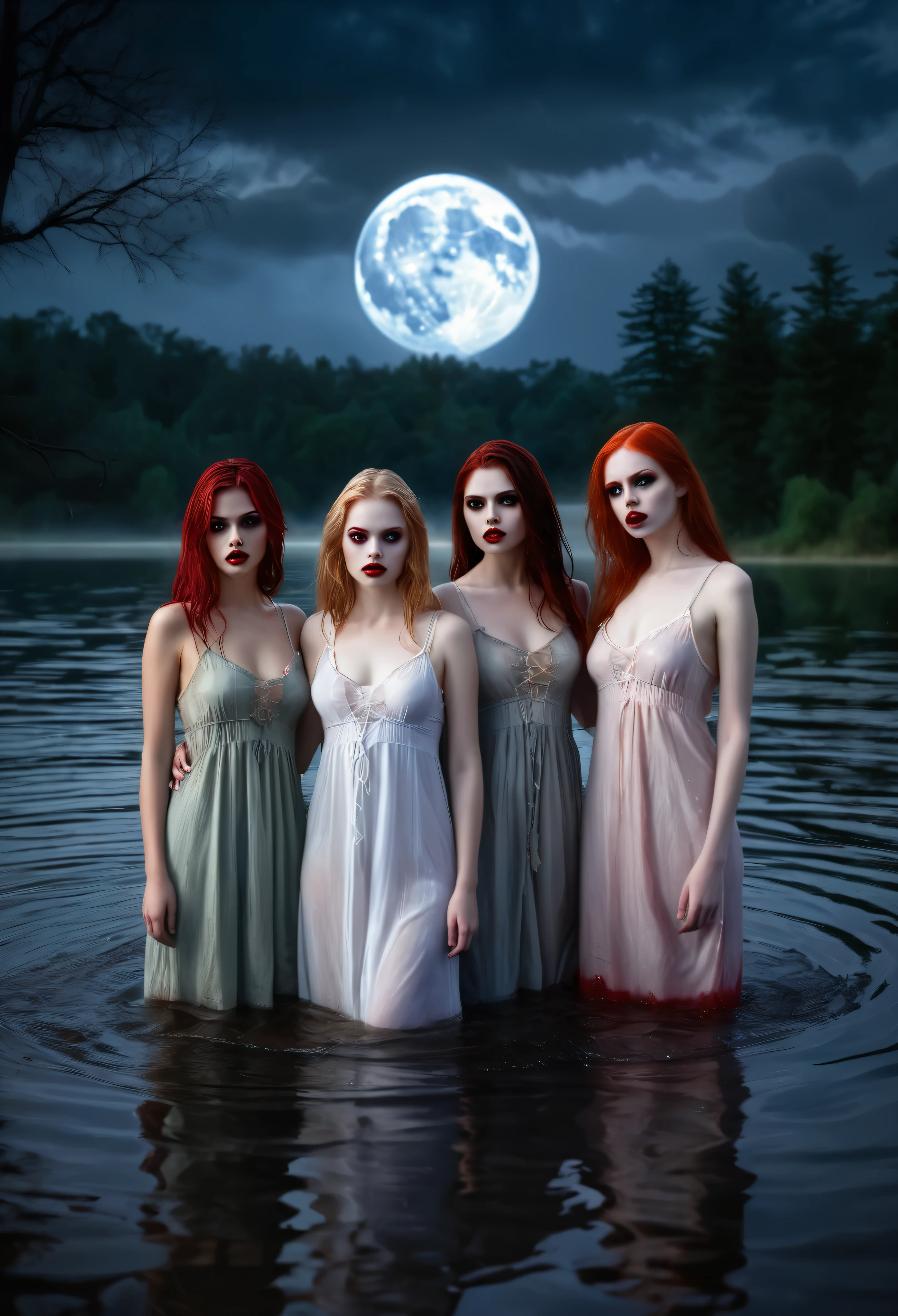 (moonlit night) ((a deserted lake)) three Vampire women, ((three girls only)), (full body), (((red eyes and fangs))), one brunette, one blonde, one redhead, pale skin, (sexy see-thru nightgowns), (NSFW), looking at viewer, rising out of the water, soaking wet. style of a painted book illustration, dramatic lighting, (depth of field), ((masterpiece)), ((best quality)), ((highly detailed)), horror theme