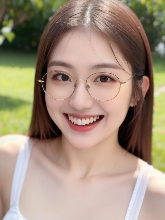 (realistic、masterpiece、Best Quality、8K、highres、high resolution:1.3)、1 glasses girl、Huge breasts、smile、white bikini、straight white teeth、looking at viewers、super fine face and eyes、long hair、indoor、 upper body、