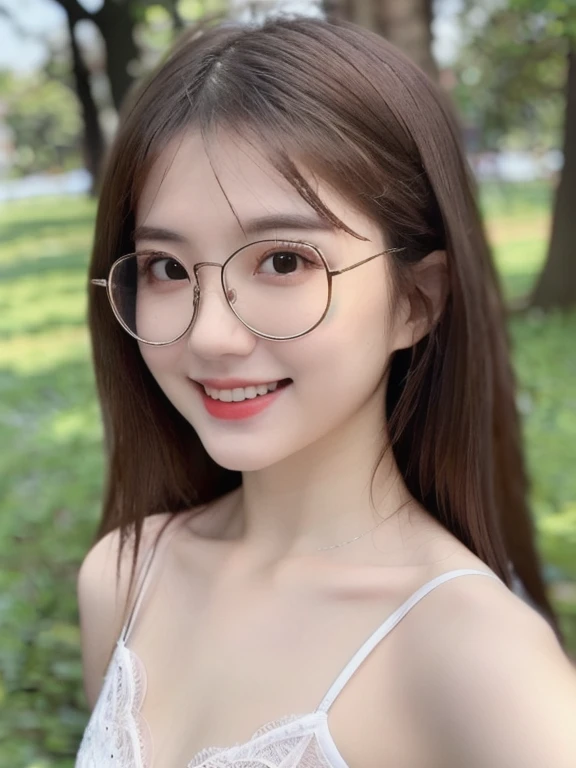 (realistic、masterpiece、Best Quality、8K、highres、high resolution:1.3)、1 glasses girl、Huge breasts、white bikini、looking at viewers、super fine face and eyes、long hair、indoor、 upper body、