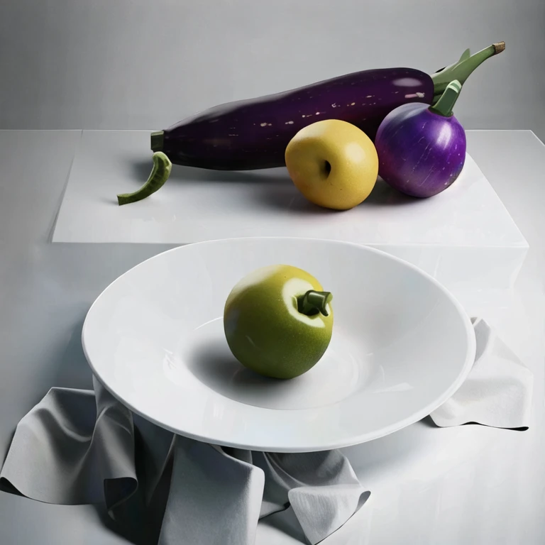 (masterpiece, best quality:1.2), The fruits and vegetables on the plate,mango, nut,eggplant