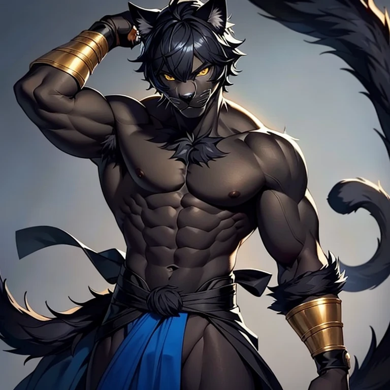 1boy, solo, furry, furry man, handsome, handsome face, panther man, panther furry, panther boy, fighter, monk, shirtless, black fur, blue hakama, black hair, medium hair, shaggy black hair, black furry ears, black panther ears, black cat ears, black cat nose, gold eyes, yellow eyes, slit pupils, black fur, body fur, toned, toned body, abs, slender, blue dhoti, blue hakama, plantigrade, cocky, six pack, black face, black head, black body, black abs, black pectorals, cat man, cat boy, cat furry, cat furry male, cat furry man, cat furry boy, anthro, anthropomorphic, black cat man, adult