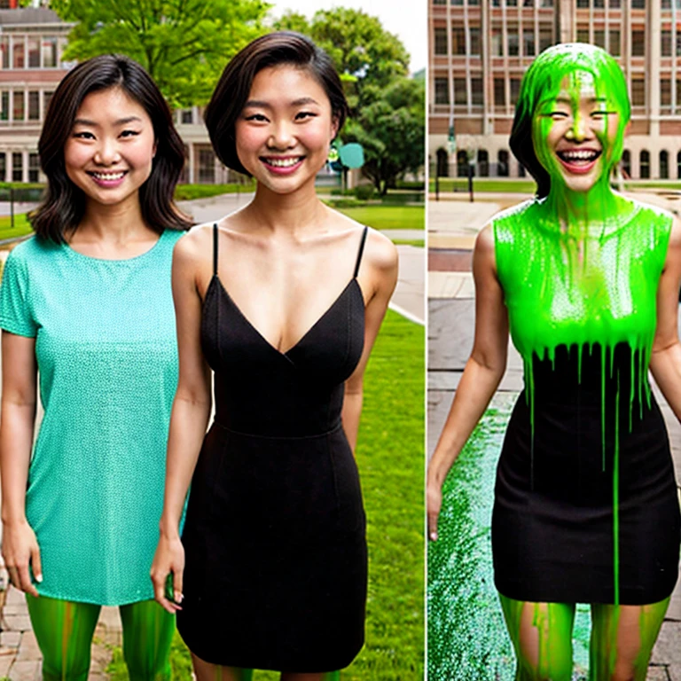 before and after photograph, asian woman, wearing black dress, college campus in background. Before: She is clean, smiling. After: covered in green slime, she is laughing