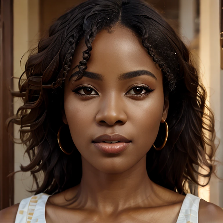 (high quality:1.2),(realism:1.2),(professional),(portraits),(photography),(hyper realistic),(beautiful African woman),(detailed facial features:eyes,nose,lips),(dark skin tone),(curly hair),(long eyelashes),(elegant pose),(vibrant colors),(subtle lighting)