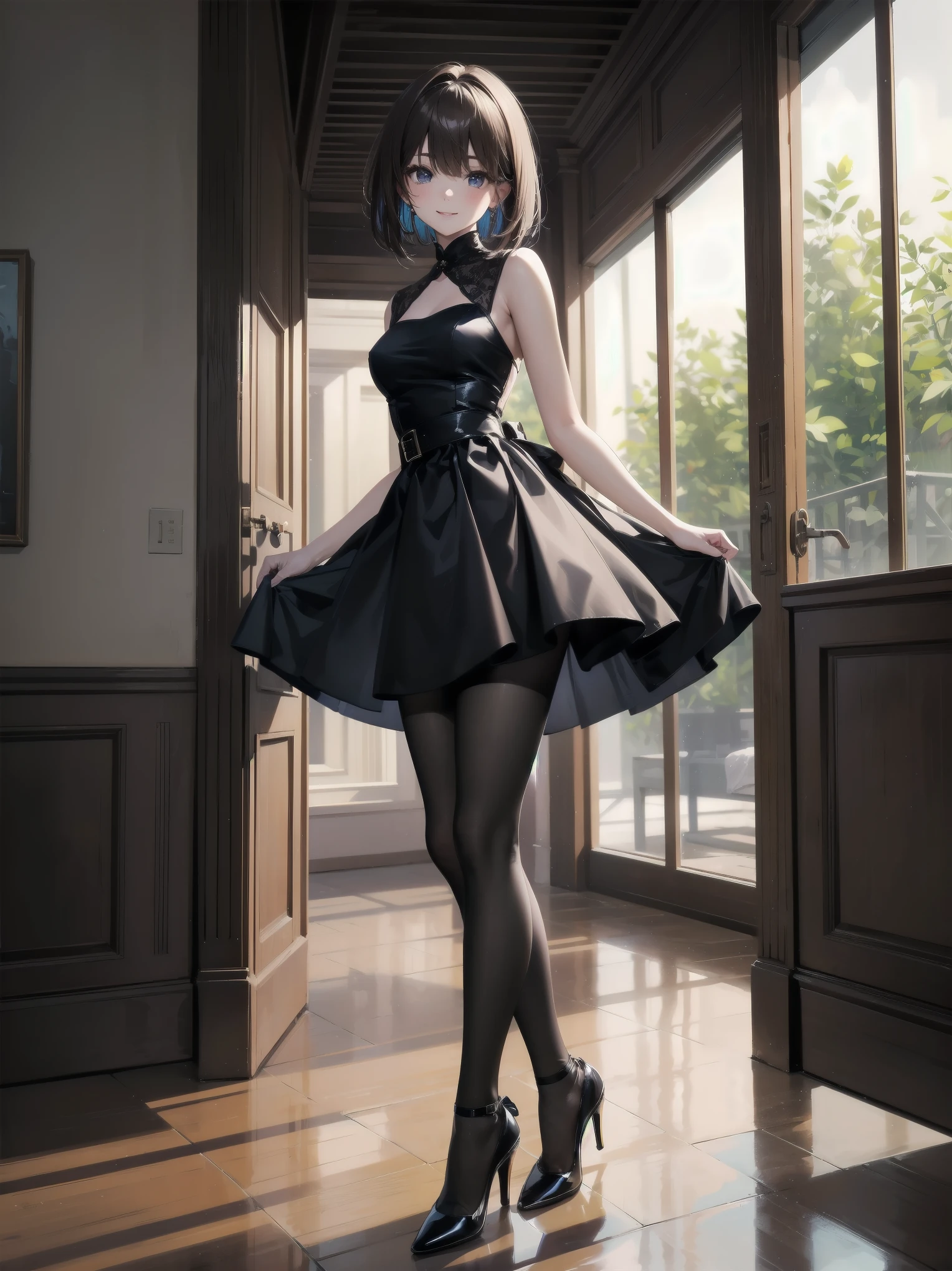 (Ultimate masterpiece), (Superb quality), (Ultra-detailed), High resolution, Ultimate beauty, High saturation, Vivid,.
 
 
1 beautiful girl,(Cute girl),(Thighs, black tights),(High heels), Ultra detailed and pretty dress from luxury brand,
Super smile, brown hair, one length bob cut braided, (standing, dynamic pose), (dainty pose, super cute), Marquis' house Zheng, indoor background,
Fashion magazine shoot, professional shading, best illustration of her looking pretty.