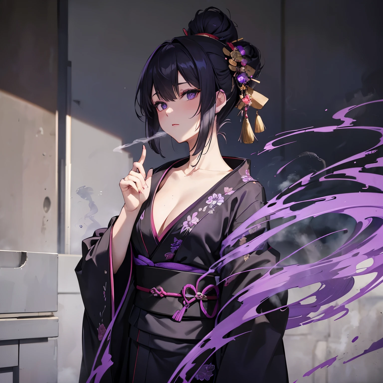 Woman, purple messy hair, ((black kimono)), ((shadow detail masterpiece)), smoke in the background,