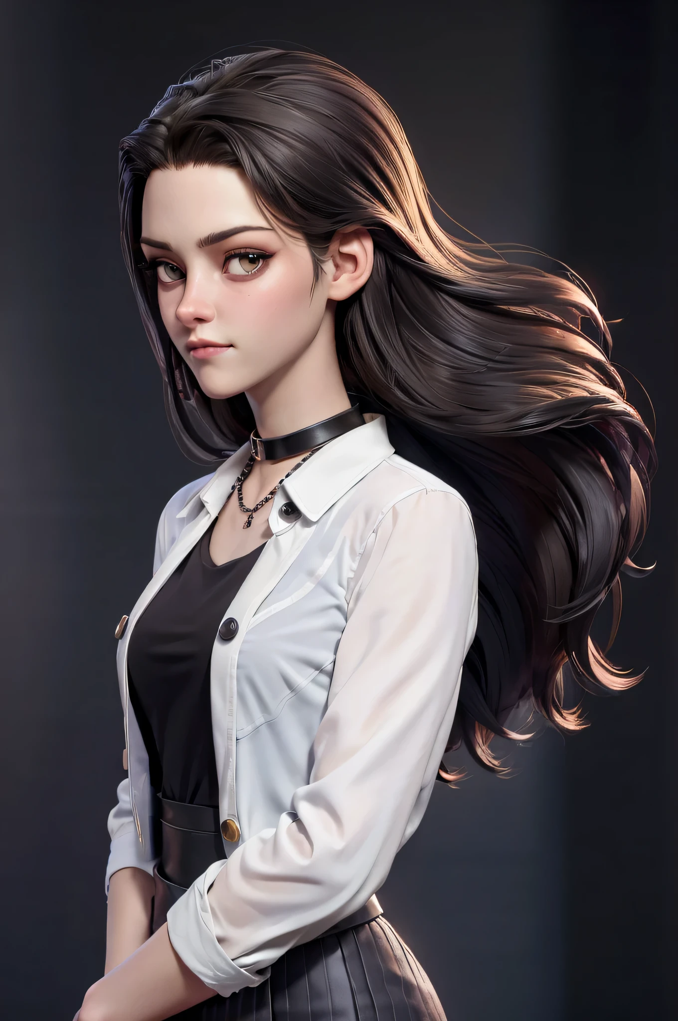 Character concept, full figure, 3DMM, kst3w, Kristin Stewart, 16 years, (One:1.1), Kristin Stewart, perfect face, (((black necklace))), (((night skirt suit))), (((pleated school miniskirt))), (((night color jacket))), (((White shirt, The top buttons are unbuttoned))), cup size S, (((Night color miniskirt with 1 horizontal gold stripe))), One focus, fully dressed, elegantly dressed, black nail polish, Half-open mouth, neat hairstyle, shoulder length hair, Brown hair, Yellow eyes, beautiful detailed eyes，bright students，（very good and beautiful），（Beautiful and detailed description of the eyes), [[gentle fingers and hands:0.55]::0.85], (detail fingers), Facing the camera, (Background with：school corridor，mystical atmosphere), (Illustration, cartoon, Masterpiece, very detailed, Best quality，cinematic lighting，muted colors, detailed background, A high resolution)