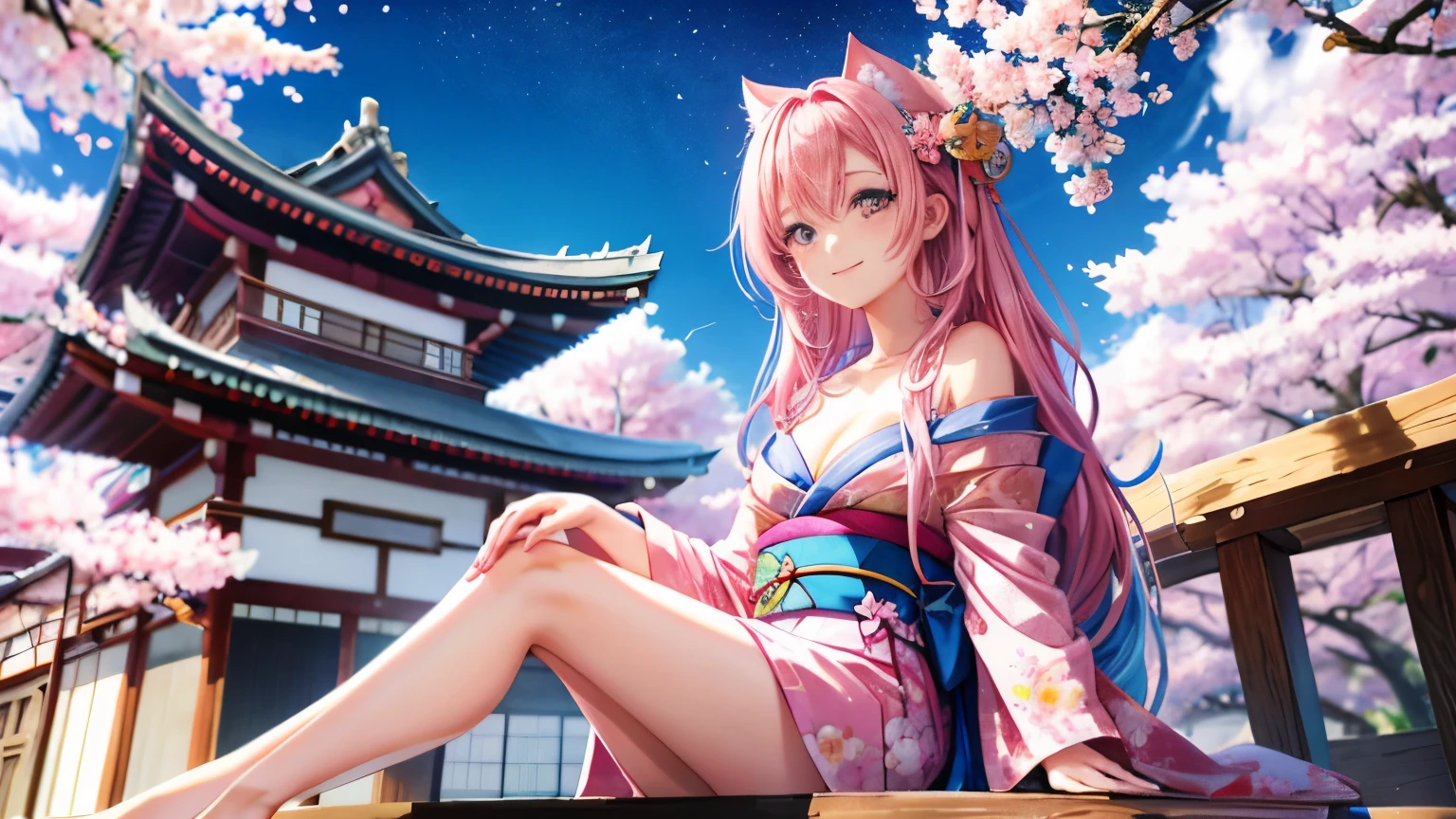anime, one girl, colorful hair,pink hair and blue hair、 Hair is tangled, pink eyes, Kyoto, cherry blossoms、petal、moon, pink patterned kimono, off shoulder, sitting, alone,cleavage、smile