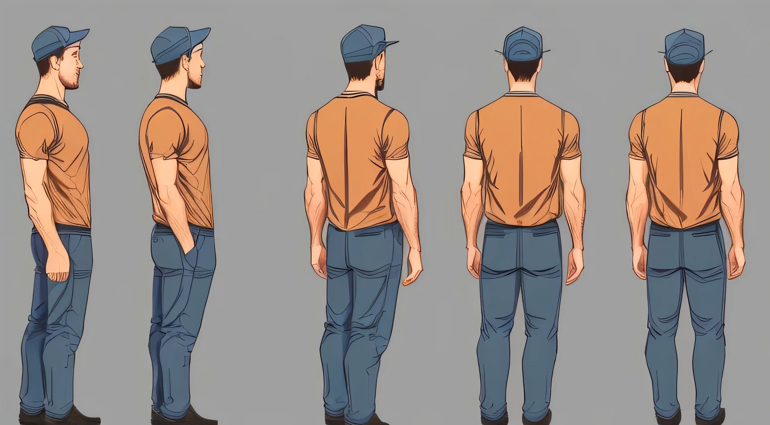 man with,1 person, 30year old,Cool, Standing man, three sided view, Front, back and sides, Character Sheet,Full body,Simple background,design sheet,male farmer,a farmer suit,dark,murky