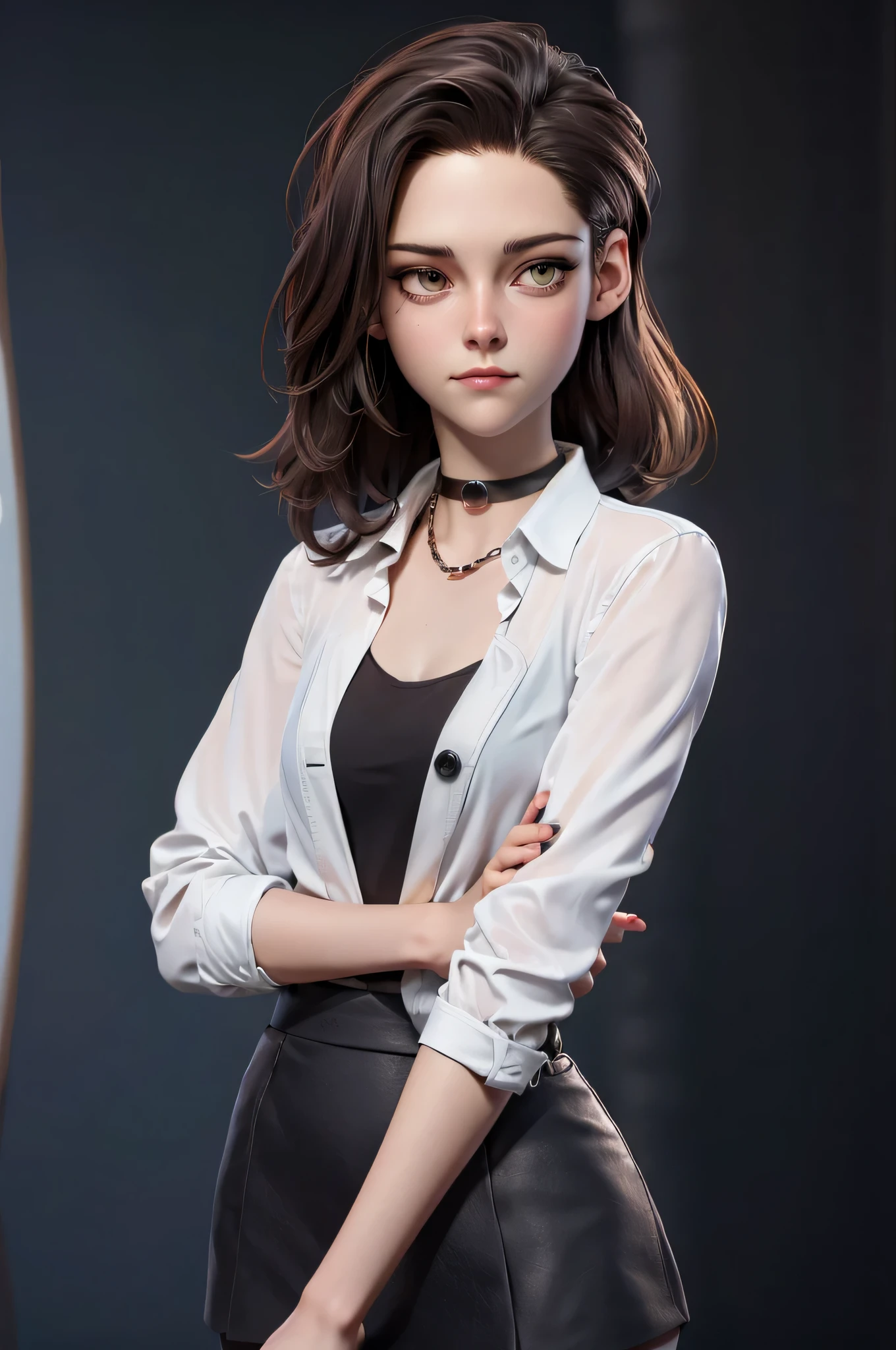 Character concept, full figure, 3DMM, kst3w, Kristin Stewart, 16 years, (One:1.1), Kristin Stewart, perfect face, (((black necklace))), (((night skirt suit))), (((pleated school miniskirt))), (((night color jacket))), (((White shirt, The top buttons are unbuttoned))), cup size S, (((Night color miniskirt with 1 horizontal gold stripe))), One focus, fully dressed, elegantly dressed, black nail polish, Half-open mouth, neat hairstyle, shoulder length hair, Brown hair, Yellow eyes, beautiful detailed eyes，bright students，（very good and beautiful），（Beautiful and detailed description of the eyes), [[gentle fingers and hands:0.55]::0.85], (detail fingers), Facing the camera, (Background with：school corridor，mystical atmosphere), (Illustration, cartoon, Masterpiece, very detailed, Best quality，cinematic lighting，muted colors, detailed background, A high resolution)