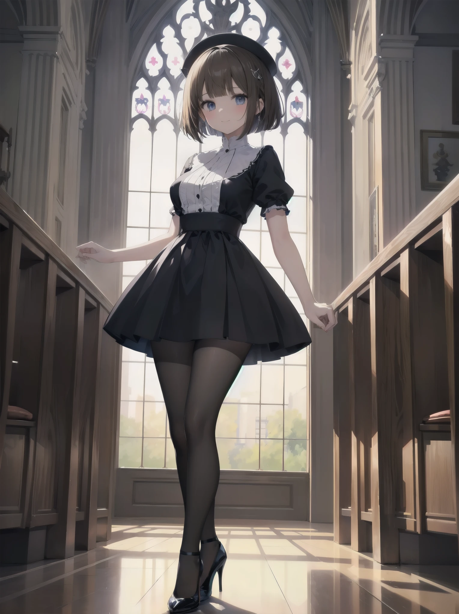 (Ultimate masterpiece), (Superb quality), (Ultra-detailed), High resolution, Ultimate beauty, High saturation, Vivid,.
 
 
1 beautiful girl, (cute girl), (thighs, black tights), (high heels), (cathedral dress), convent dress,
Super smile, brown hair, one length bob cut braided, (standing, dynamic pose), (dainty pose, super cute), oldest and historic place of worship, indoor background,
Fashion magazine shoot, professional shading, best illustration of her looking pretty.