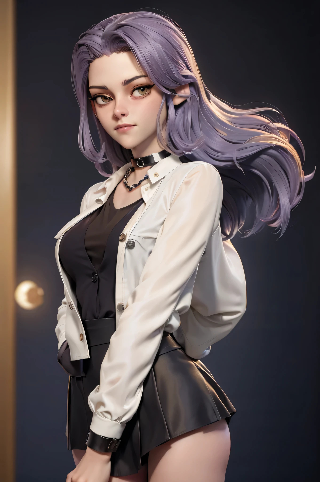 Character concept, full figure, 3DMM, kst3w, Kristin Stewart, 16 years, gynoid physics, (One:1.1), Kristin Stewart, perfect face, (((black necklace))), (((night skirt suit))), (((pleated school miniskirt))), (((night color jacket))), (((White shirt, The top buttons are unbuttoned))), cup size S, (((Night color miniskirt with 1 horizontal gold stripe))), One focus, fully dressed, elegantly dressed, black nail polish, Half-open mouth, neat hairstyle, shoulder length hair, Brown hair, Yellow eyes, beautiful detailed eyes，bright students，（very good and beautiful），（Beautiful and detailed description of the eyes), [[gentle fingers and hands:0.55]::0.85], (detail fingers), Facing the camera, (Background with：school corridor，mystical atmosphere), (Illustration, cartoon, Masterpiece, very detailed, Best quality，cinematic lighting，muted colors, detailed background, A high resolution)