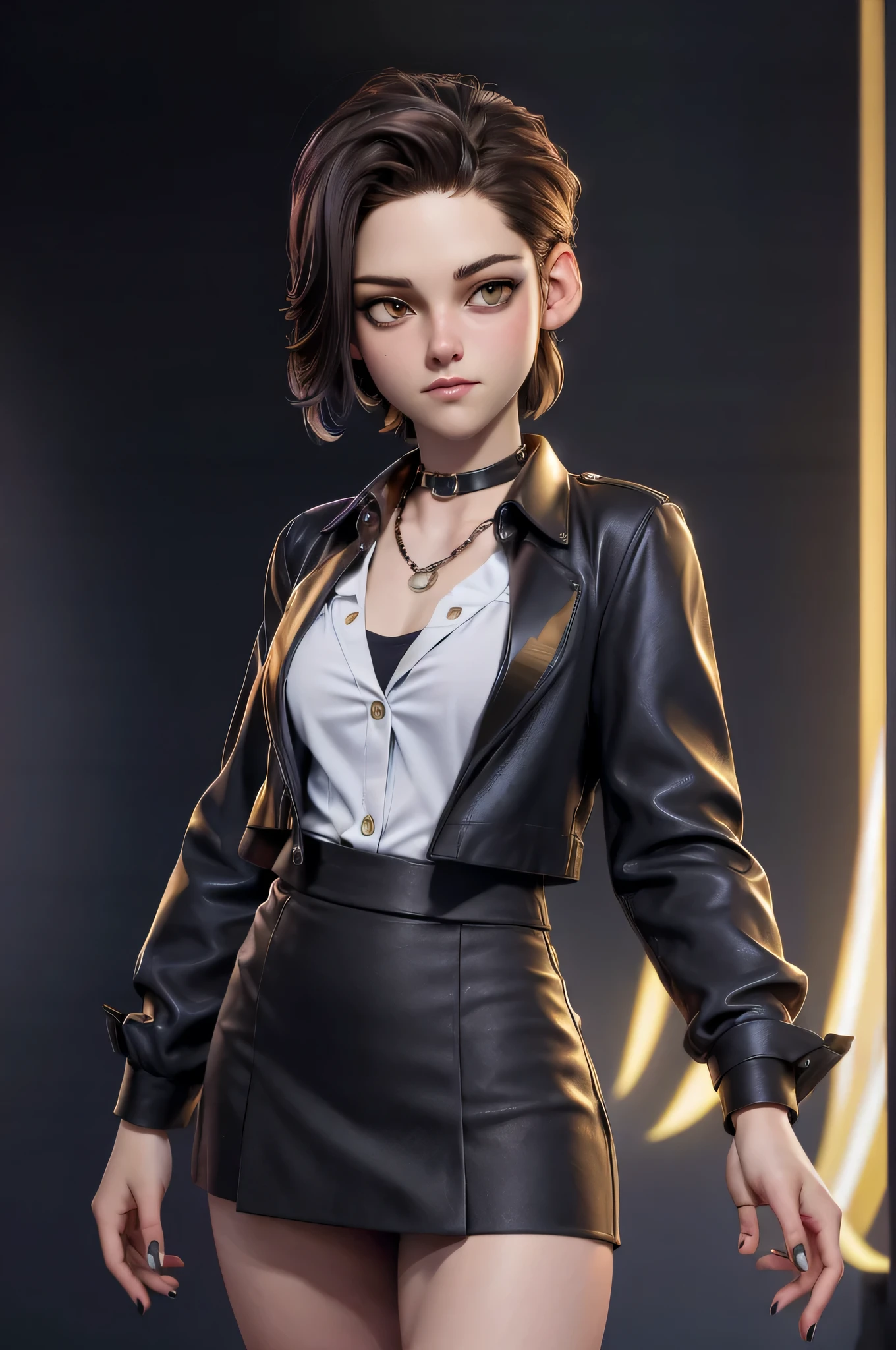 Character concept, full figure, 3DMM, kst3w, Kristin Stewart, 16 years, gynoid physics, (One:1.1), Kristin Stewart, perfect face, (((black necklace))), (((night skirt suit))), (((pleated school miniskirt))), (((night color jacket))), (((White shirt, The top buttons are unbuttoned))), cup size S, (((Night color miniskirt with 1 horizontal gold stripe))), One focus, fully dressed, elegantly dressed, black nail polish, Half-open mouth, neat hairstyle, shoulder length hair, Brown hair, Yellow eyes, beautiful detailed eyes，bright students，（very good and beautiful），（Beautiful and detailed description of the eyes), [[gentle fingers and hands:0.55]::0.85], (detail fingers), Facing the camera, (Background with：school corridor，mystical atmosphere), (Illustration, cartoon, Masterpiece, very detailed, Best quality，cinematic lighting，muted colors, detailed background, A high resolution)