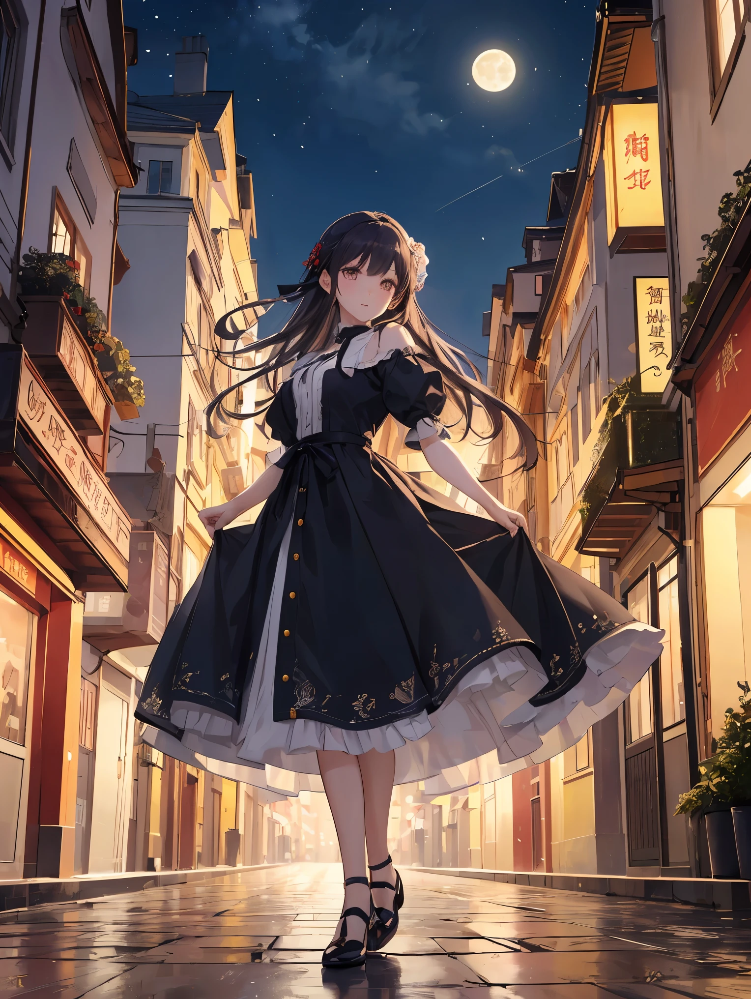 (Ultimate masterpiece), (Superb quality), (Ultra-detailed), High resolution, Ultimate beauty, High saturation, Vivid,.
1 beautiful girl,(cute girl)「the girl、While watching the moon floating in the night sky、Strolling through the streets of Vienna in the 1920s。she、With neat clothes and elegant poses、天才美少女剣士のshe必殺技を唱える