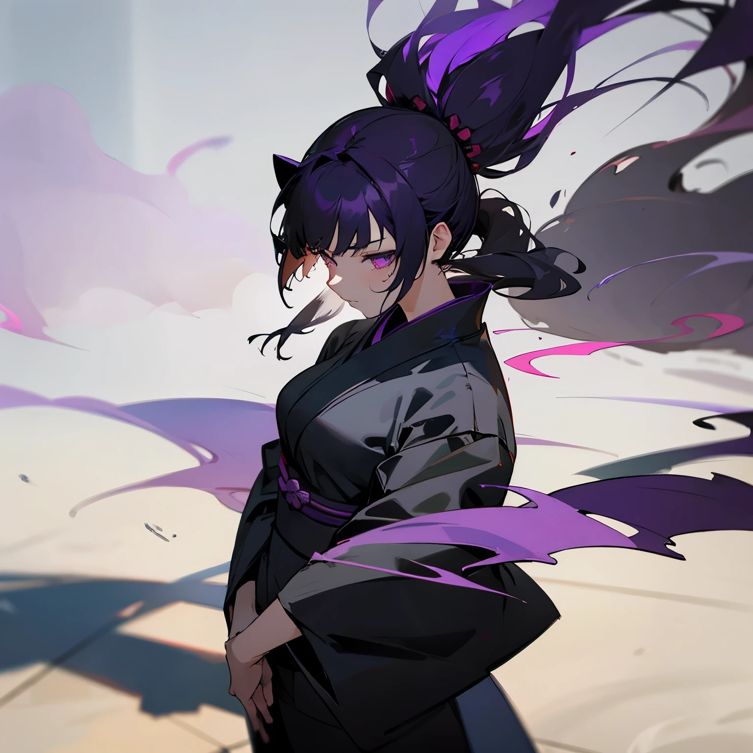 Woman, purple messy hair, ((black kimono)), ((shadow detail masterpiece)), smoke in the background,