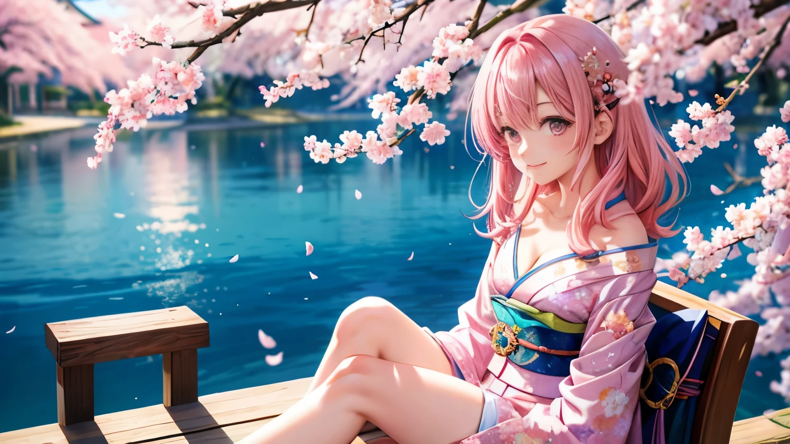 anime, one girl, colorful hair,pink hair and blue hair、 Hair is tangled, pink eyes, Kyoto, cherry blossoms、petal、moon, pink patterned kimono, off shoulder, sitting, alone,cleavage、smile