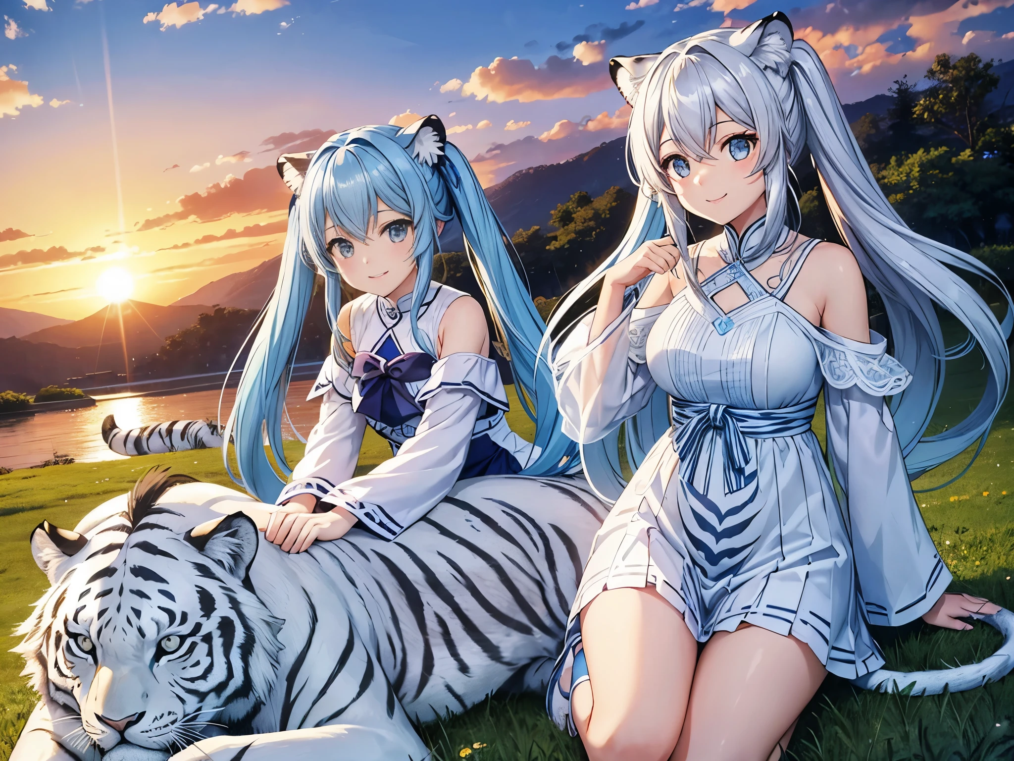 light blue long hair、Beautiful girl with twin tails、beautiful sunset、happy smile、Ride the White Tiger、lion、Tiger、