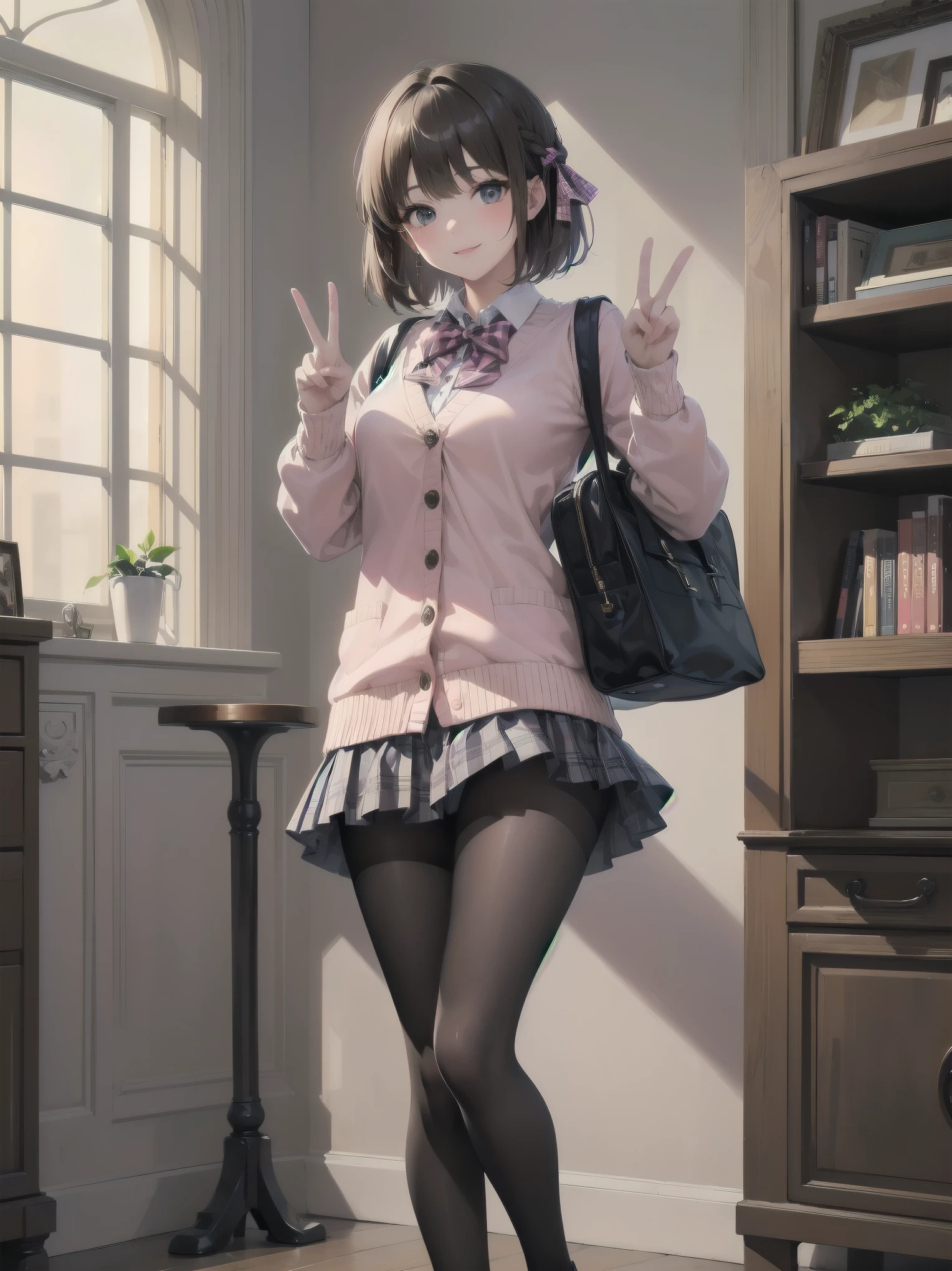 (Ultimate masterpiece), (Superb quality), (Ultra-detailed), High resolution, Ultimate beauty, High saturation, Vivid,.
1 beautiful girl,(cute girl),(thighs, black tights),(loafers),(pink cardigan),(gingham check priss skirt),.
Super smile, brown hair, one length bob cut braided, hair ribbon, (standing, dynamic pose), ((✌️)), (making peace sign next to face), prestigious private girls high school, indoor background,
Uniform fashion magazine shoot, professional shading, best illustration of her looking pretty.