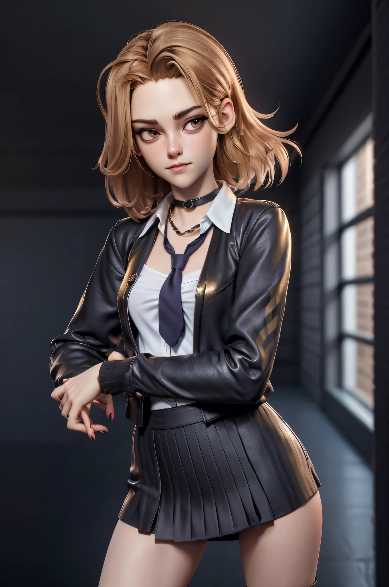 Character concept, full figure, 3DMM, kst3w, Kristin Stewart, , (One:1.1), Kristin Stewart, perfect face, (((black necklace))), (((night skirt suit))), (((pleated school miniskirt))), (((night color jacket))), (((Silk tie))), Windsor tie, (((White shirt))), cup size S, (((Night color miniskirt with 1 horizontal gold stripe))), One focus, fully dressed, elegantly dressed, panty shot, black thong, Half-open mouth, neat hairstyle, shoulder length hair, Brown hair, Brown eyes, beautiful detailed eyes，bright students，（very good and beautiful），（Beautiful and detailed description of the eyes), [[gentle fingers and hands:0.55]::0.85], (detail fingers), Facing the camera, (Background with：school corridor，mystical atmosphere), (Illustration, cartoon, Masterpiece, very detailed, Best quality，cinematic lighting，muted colors, detailed background, A high resolution)