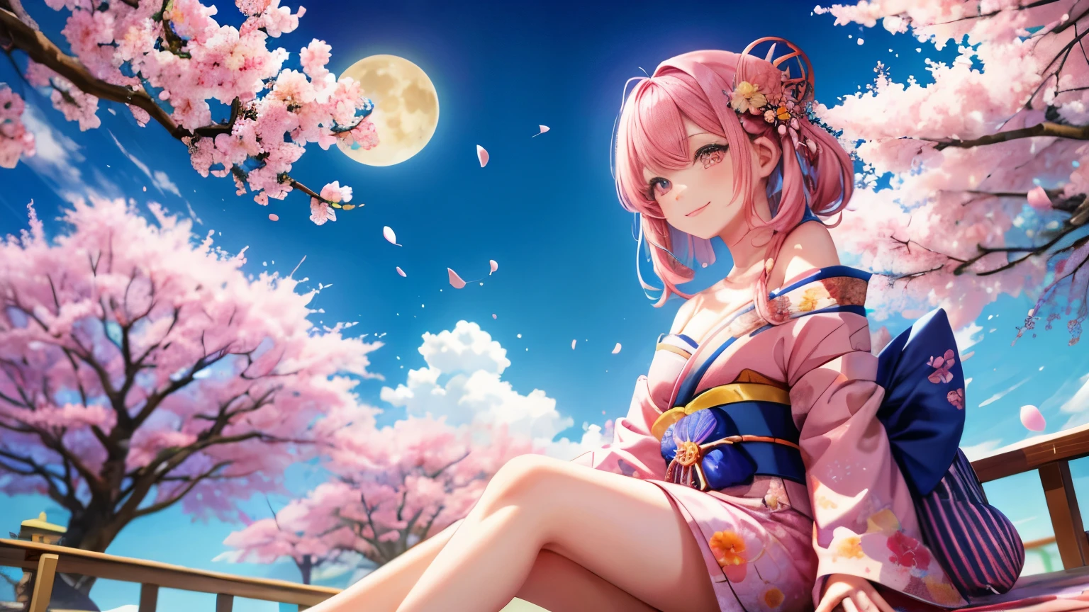 anime, one girl, colorful hair,pink hair and blue hair、 Hair is tangled, pink eyes, Kyoto, cherry blossoms、petal、moon, pink patterned kimono, off shoulder, sitting, alone,cleavage、smile