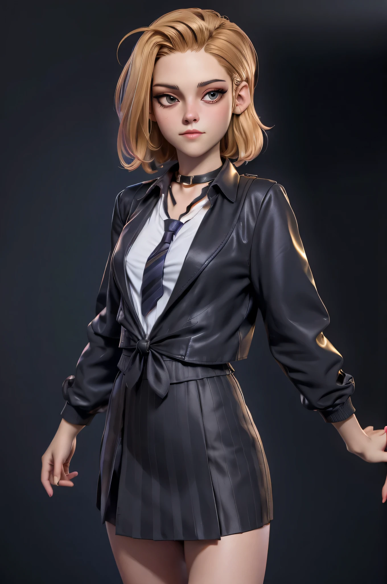 Character concept, full figure, 3DMM, kst3w, Kristin Stewart, , (One:1.1), Kristin Stewart, perfect face, (((black necklace))), (((night skirt suit))), (((pleated school miniskirt))), (((night color jacket))), (((Silk tie))), Windsor tie, (((White shirt))), cup size S, (((Night color miniskirt with 1 horizontal gold stripe))), One focus, fully dressed, elegantly dressed, panty shot, black thong, Half-open mouth, neat hairstyle, shoulder length hair, Brown hair, Brown eyes, beautiful detailed eyes，bright students，（very good and beautiful），（Beautiful and detailed description of the eyes), [[gentle fingers and hands:0.55]::0.85], (detail fingers), Facing the camera, (Background with：school corridor，mystical atmosphere), (Illustration, cartoon, Masterpiece, very detailed, Best quality，cinematic lighting，muted colors, detailed background, A high resolution)