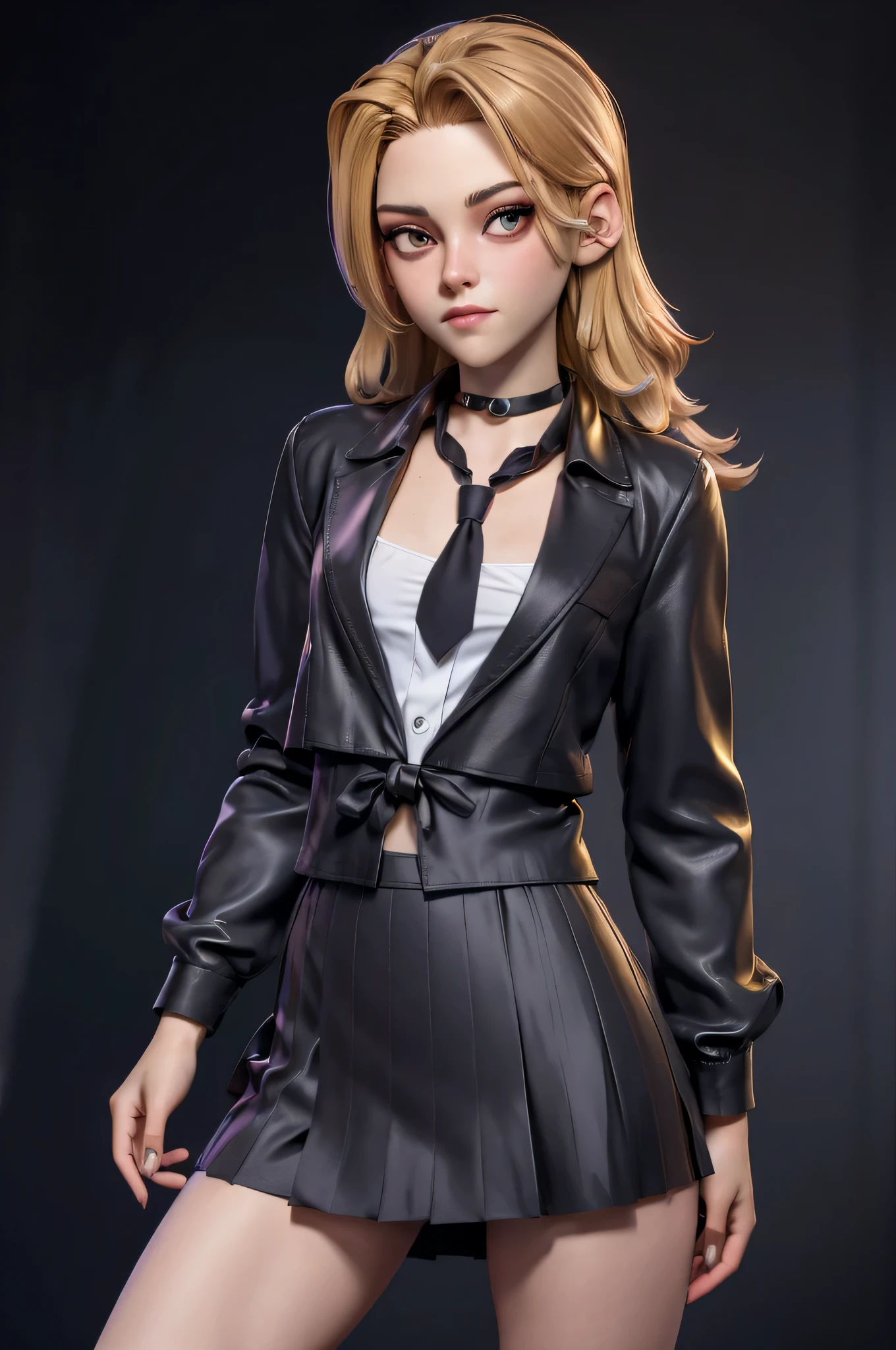 Character concept, full figure, 3DMM, kst3w, Kristin Stewart, 16 years, (One:1.1), Kristin Stewart, perfect face, (((black necklace))), (((night skirt suit))), (((pleated school miniskirt))), (((night color jacket))), (((Silk tie))), Windsor tie, (((White shirt))), cup size S, (((Night color miniskirt with 1 horizontal gold stripe))), One focus, fully dressed, elegantly dressed, panty shot, black thong, Half-open mouth, neat hairstyle, shoulder length hair, Brown hair, Brown eyes, beautiful detailed eyes，bright students，（very good and beautiful），（Beautiful and detailed description of the eyes), [[gentle fingers and hands:0.55]::0.85], (detail fingers), Facing the camera, (Background with：school corridor，mystical atmosphere), (Illustration, cartoon, Masterpiece, very detailed, Best quality，cinematic lighting，muted colors, detailed background, A high resolution)