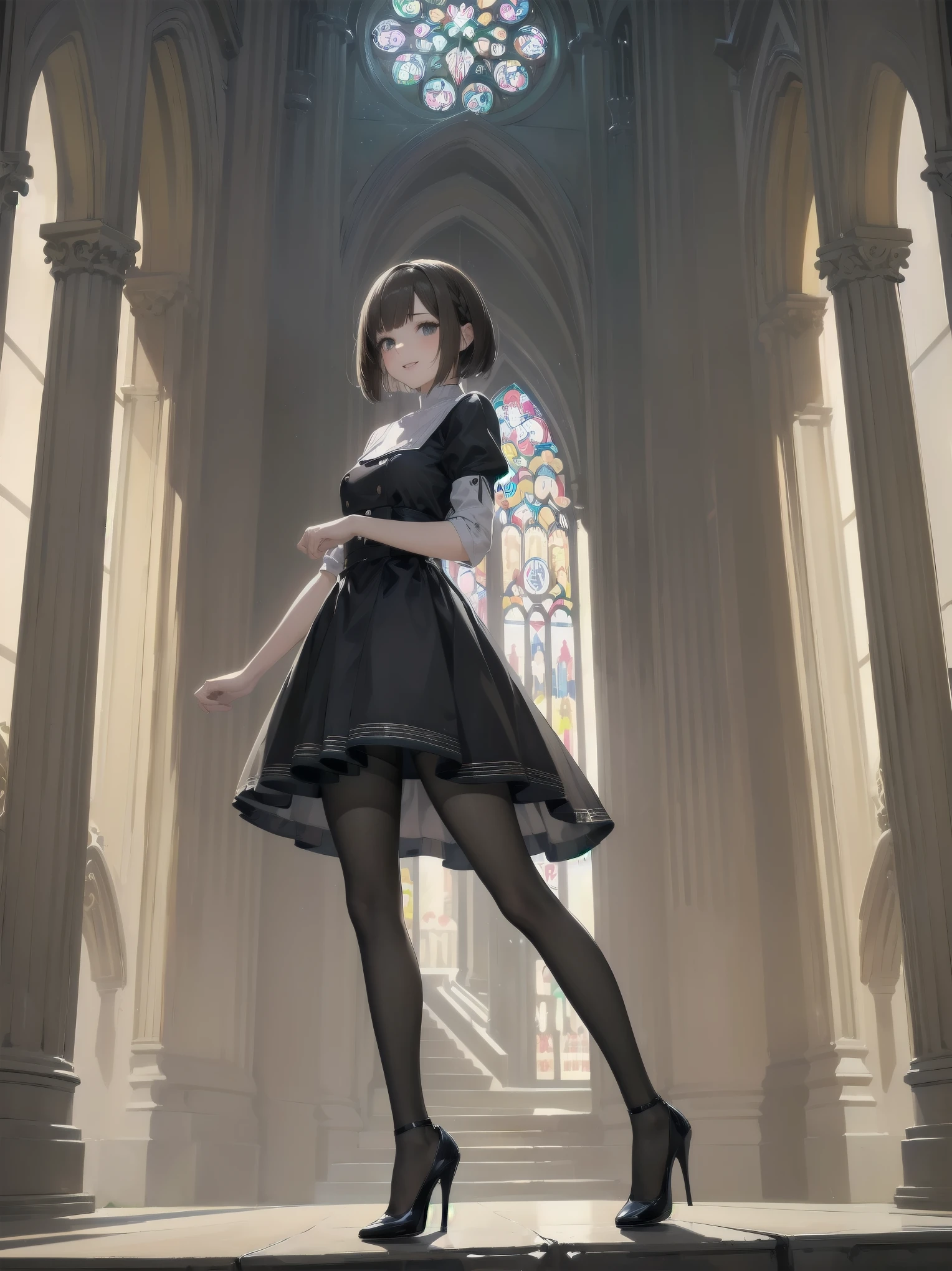 (Ultimate masterpiece), (Superb quality), (Ultra-detailed), High resolution, Ultimate beauty, High saturation, Vivid,.
1 beautiful girl, (cute girl), (thighs, black tights), (high heels), (cathedral dress), convent dress,
Super smile, brown hair, one length bob cut braided, (standing, dynamic pose), (dainty pose, super cute), oldest and historic place of worship, indoor background,
Fashion magazine shoot, professional shading, best illustration of her looking pretty.