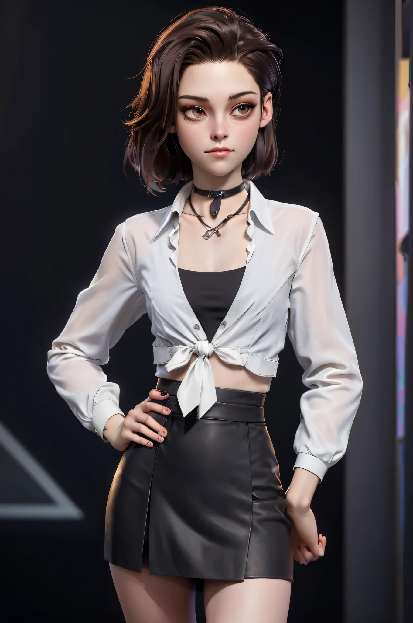 Character concept, full figure, 3DMM, kst3w, Kristin Stewart, 16 years, gynoid physics, (One:1.1), Kristin Stewart, perfect face, (((black necklace))), (((night skirt suit))), (((pleated school miniskirt))), (((night color jacket))), (((Silk tie))), Windsor tie, (((White shirt))), cup size S, (((Night color miniskirt with 1 horizontal gold stripe))), One focus, fully dressed, elegantly dressed, panty shot, black thong, Half-open mouth, neat hairstyle, shoulder length hair, Brown hair, Brown eyes, beautiful detailed eyes，bright students，（very good and beautiful），（Beautiful and detailed description of the eyes), [[gentle fingers and hands:0.55]::0.85], (detail fingers), Facing the camera, (Background with：school corridor，mystical atmosphere), (Illustration, cartoon, Masterpiece, very detailed, Best quality，cinematic lighting，muted colors, detailed background, A high resolution)