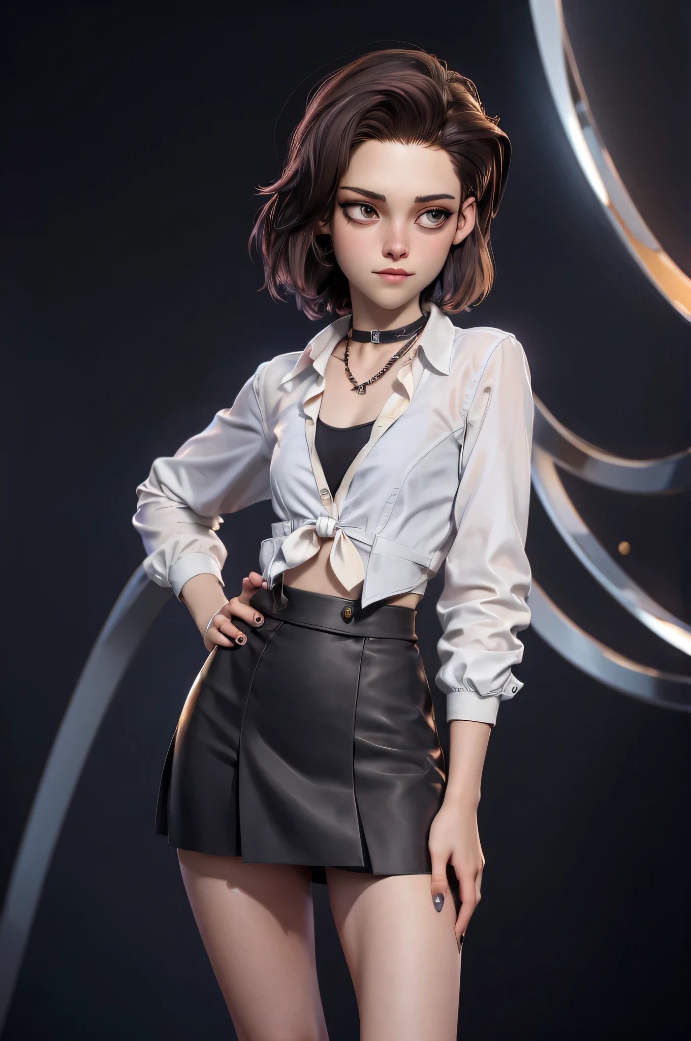 Character concept, full figure, 3DMM, kst3w, Kristin Stewart, 16 years, gynoid physics, (One:1.1), Kristin Stewart, perfect face, (((black necklace))), (((night skirt suit))), (((pleated school miniskirt))), (((night color jacket))), (((Silk tie))), Windsor tie, (((White shirt))), cup size S, (((Night color miniskirt with 1 horizontal gold stripe))), One focus, fully dressed, elegantly dressed, panty shot, black thong, Half-open mouth, neat hairstyle, shoulder length hair, Brown hair, Brown eyes, beautiful detailed eyes，bright students，（very good and beautiful），（Beautiful and detailed description of the eyes), [[gentle fingers and hands:0.55]::0.85], (detail fingers), Facing the camera, (Background with：school corridor，mystical atmosphere), (Illustration, cartoon, Masterpiece, very detailed, Best quality，cinematic lighting，muted colors, detailed background, A high resolution)