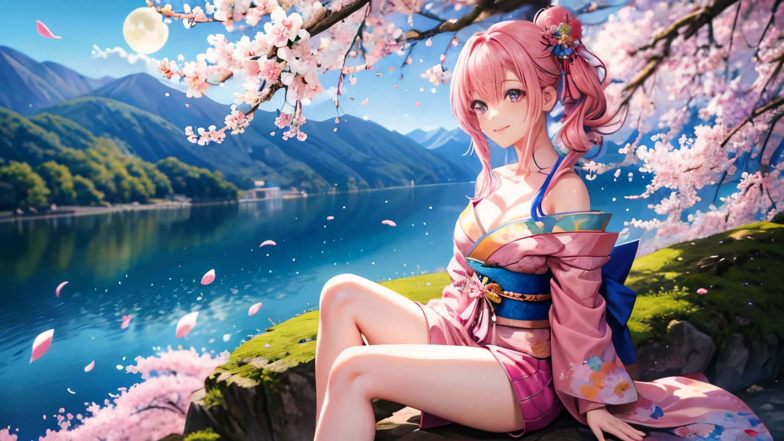 anime, one girl, colorful hair,pink hair and blue hair、 Hair is tangled, pink eyes, Kyoto, cherry blossoms、petal、moon, pink patterned kimono, off shoulder, sitting, alone,cleavage、smile