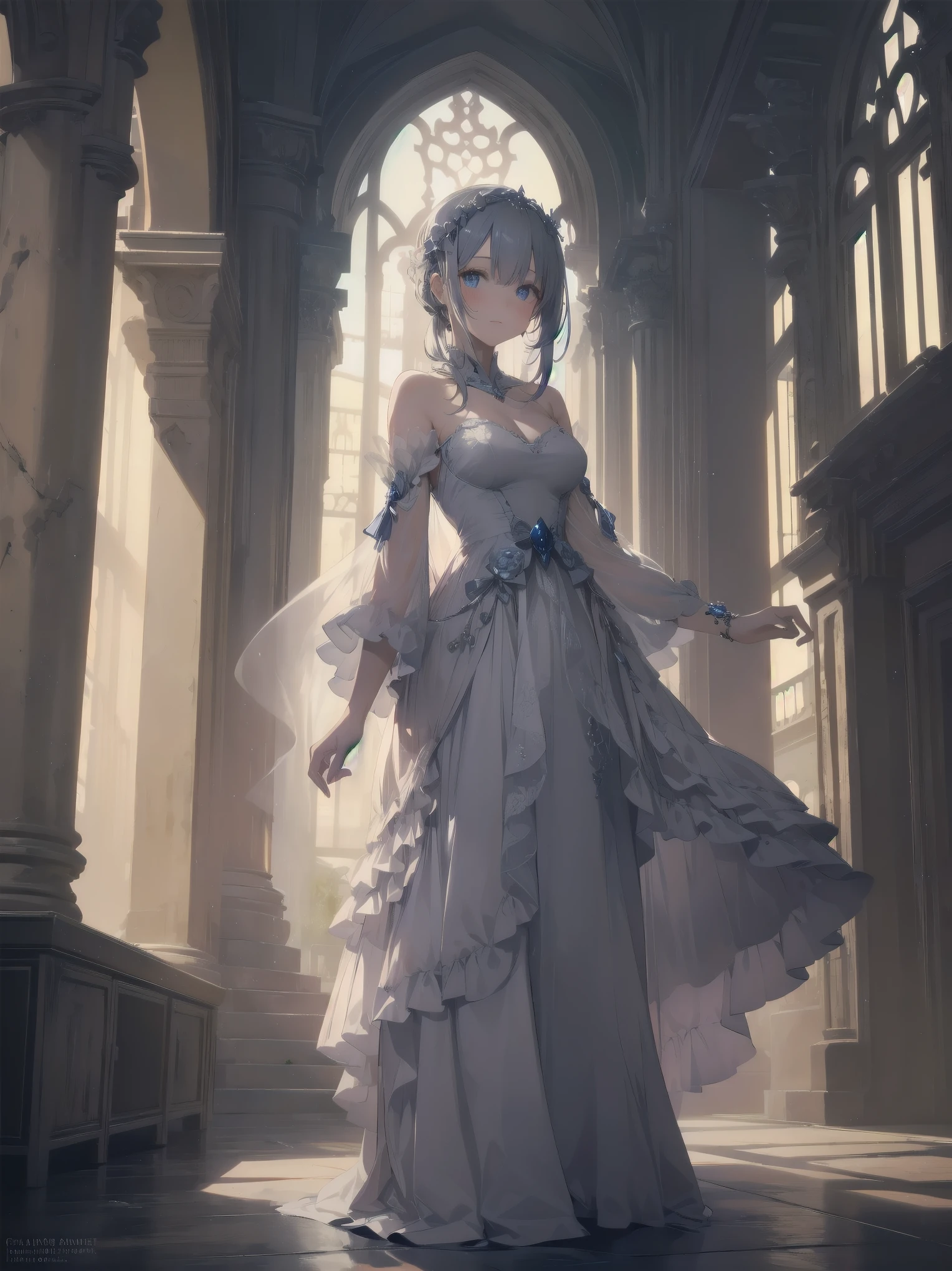 "A Noblewoman's Whimsical Adventure"
Imagine a beautiful, elegant noblewoman, dressed in a stunning gown with intricate lace and beadwork, standing in front of a glowing, ethereal portal. She looks curious and adventurous, with a hint of mischief in her eyes. The portal seems to be leading her to a fantastical world, full of magical creatures, ancient ruins, and hidden wonders. The atmosphere is dreamy and surreal, with soft, pastel colors and delicate lighting.