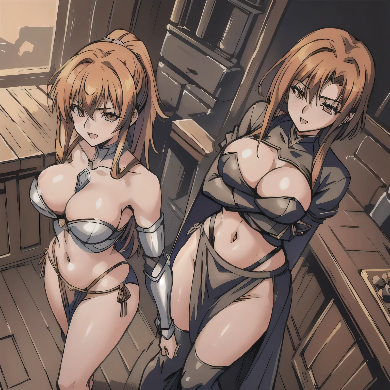 2  woman, 2girl, beautiful, shot hair, standing, masterpiece, best quality, highly detailed, fantasy , a anime girls in armored dress holding a sword
posing for a picture, evil smile, smile, open mouth, breastplate with open cleavage, cleavage, warrior
outfit,  anime style, anime girls,  style, () , , digital anime art!!, in
anime style, official artwork, visual novel cg, beautiful anime girl, anime style 4 k , loincloth, exposed
belly, exposed navel, exposed midriff, exposed lower belly, pencil skirt armored, castle,inside castle