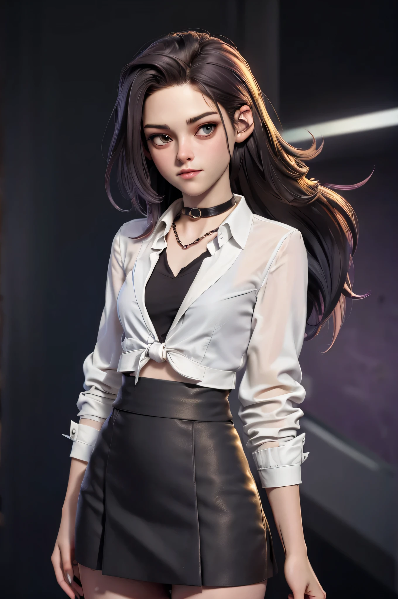 full figure, 3DMM, kst3w, Kristin Stewart, , gynoid physics, (One:1.1), Kristin Stewart, perfect face, (((black necklace))), (((night skirt suit))), (((pleated school miniskirt))), (((night color jacket))), (((Silk tie))), Windsor tie, (((White shirt))), cup size S, (((Night color miniskirt with 1 horizontal gold stripe))), One focus, fully dressed, elegantly dressed, panty shot, black thong, Half-open mouth, neat hairstyle, shoulder length hair, Brown hair, Brown eyes, beautiful detailed eyes，bright students，（very good and beautiful），（Beautiful and detailed description of the eyes), [[gentle fingers and hands:0.55]::0.85], (detail fingers), Facing the camera, (Background with：school corridor，mystical atmosphere), (Illustration, cartoon, Masterpiece, very detailed, Best quality，cinematic lighting，muted colors, detailed background, A high resolution)