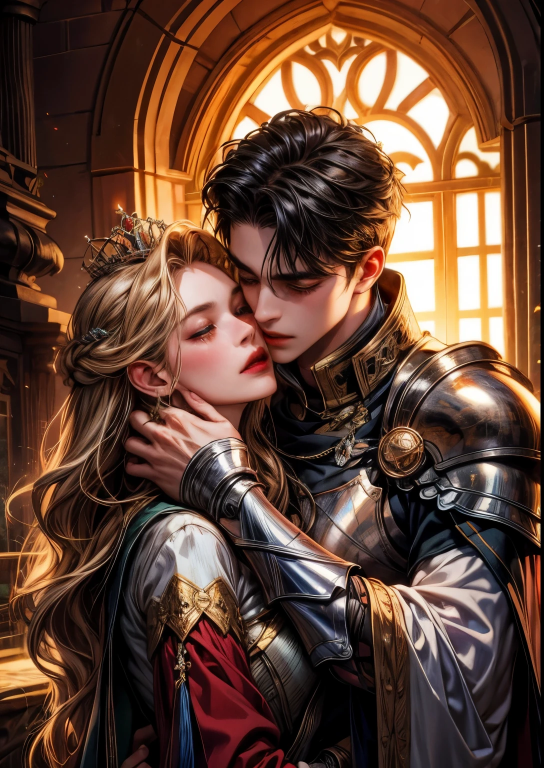 official art, unity 8k wallpaper, ultra detailed, beautiful and aesthetic, High quality, beautiful, masterpiece, best quality, (zentangle, mandala, tangle, entangle:0.6), a knight kissing a princess, (kissing), hugging, romantic, love, adorable, fantasy, in a fantasy city