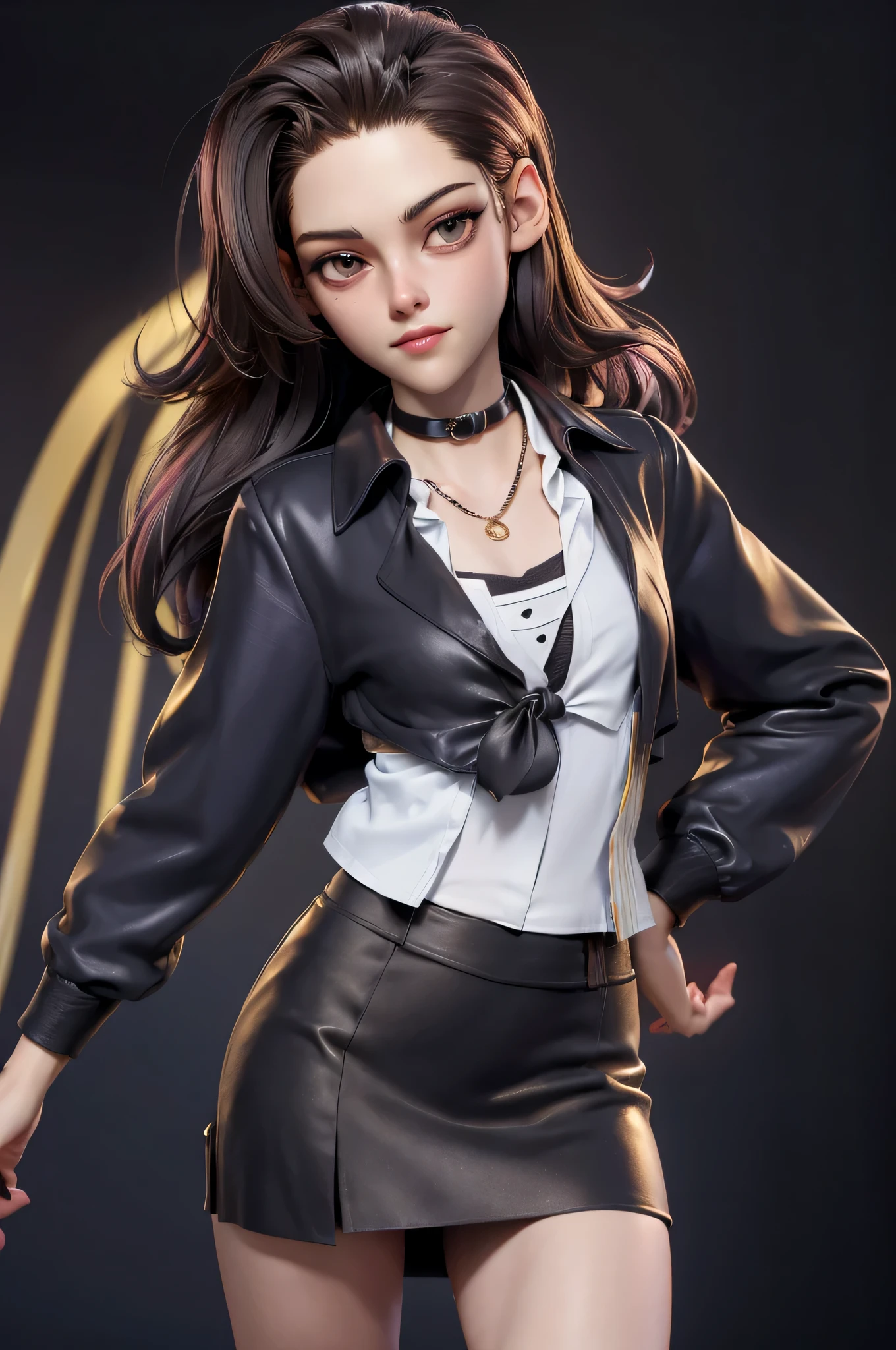 full figure, 3DMM, kst3w, Kristin Stewart, 16 years, gynoid physics, (One:1.1), Kristin Stewart, perfect face, (((black necklace))), (((night skirt suit))), (((pleated school miniskirt))), (((night color jacket))), (((Silk tie))), Windsor tie, (((White shirt))), cup size S, (((Night color miniskirt with 1 horizontal gold stripe))), One focus, fully dressed, elegantly dressed, panty shot, black thong, Half-open mouth, neat hairstyle, shoulder length hair, Brown hair, Brown eyes, beautiful detailed eyes，bright students，（very good and beautiful），（Beautiful and detailed description of the eyes), [[gentle fingers and hands:0.55]::0.85], (detail fingers), Facing the camera, (Background with：school corridor，mystical atmosphere), (Illustration, cartoon, Masterpiece, very detailed, Best quality，cinematic lighting，muted colors, detailed background, A high resolution)