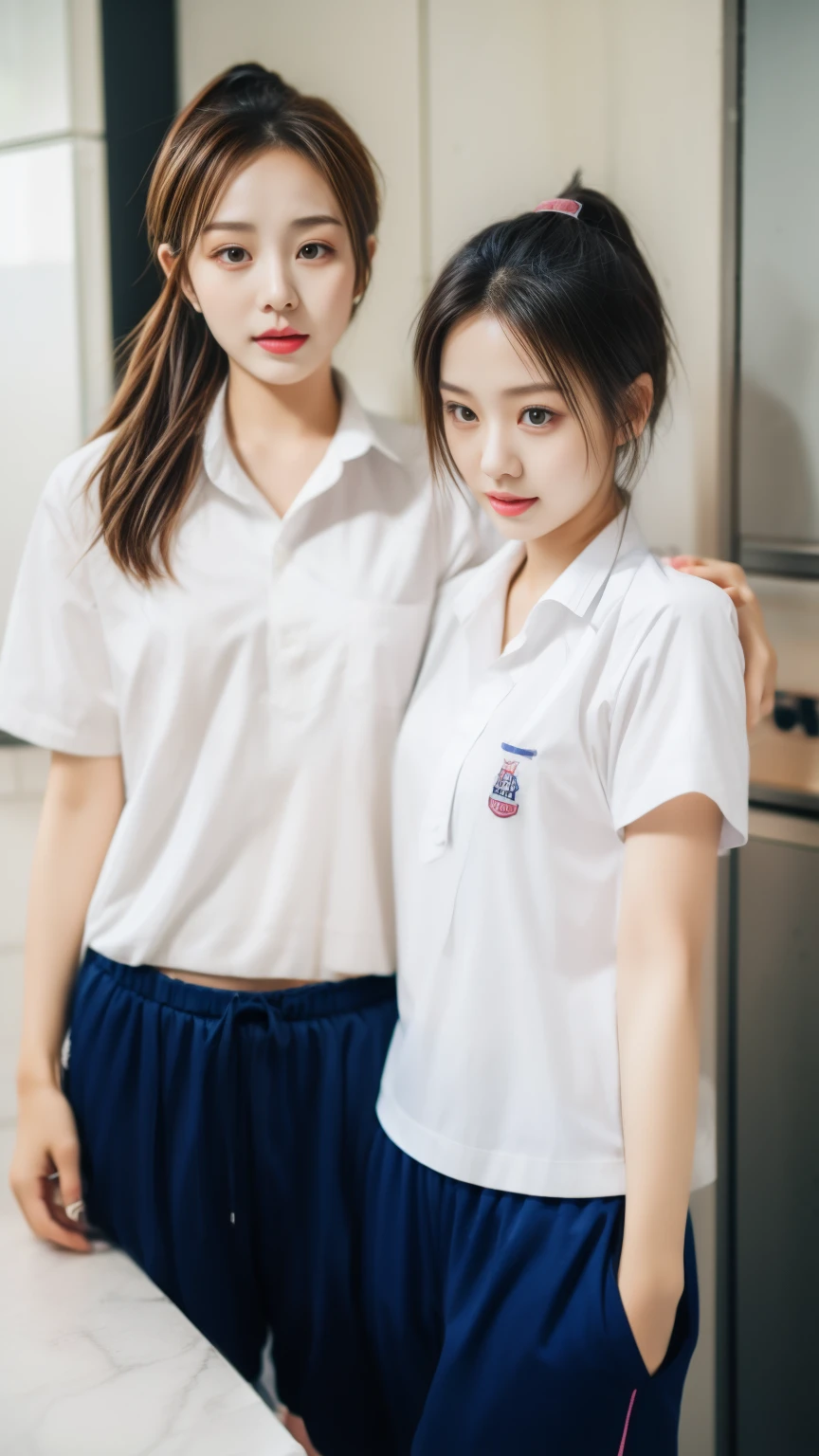 2 Girls in the Kitchen, Blue short sleeve shirt,Sweatpantsขายาวสีกรมท่า,Sweatpants, Sweatpantsขายาว,25 year old girl, lesbian, sexy, exercise clothes