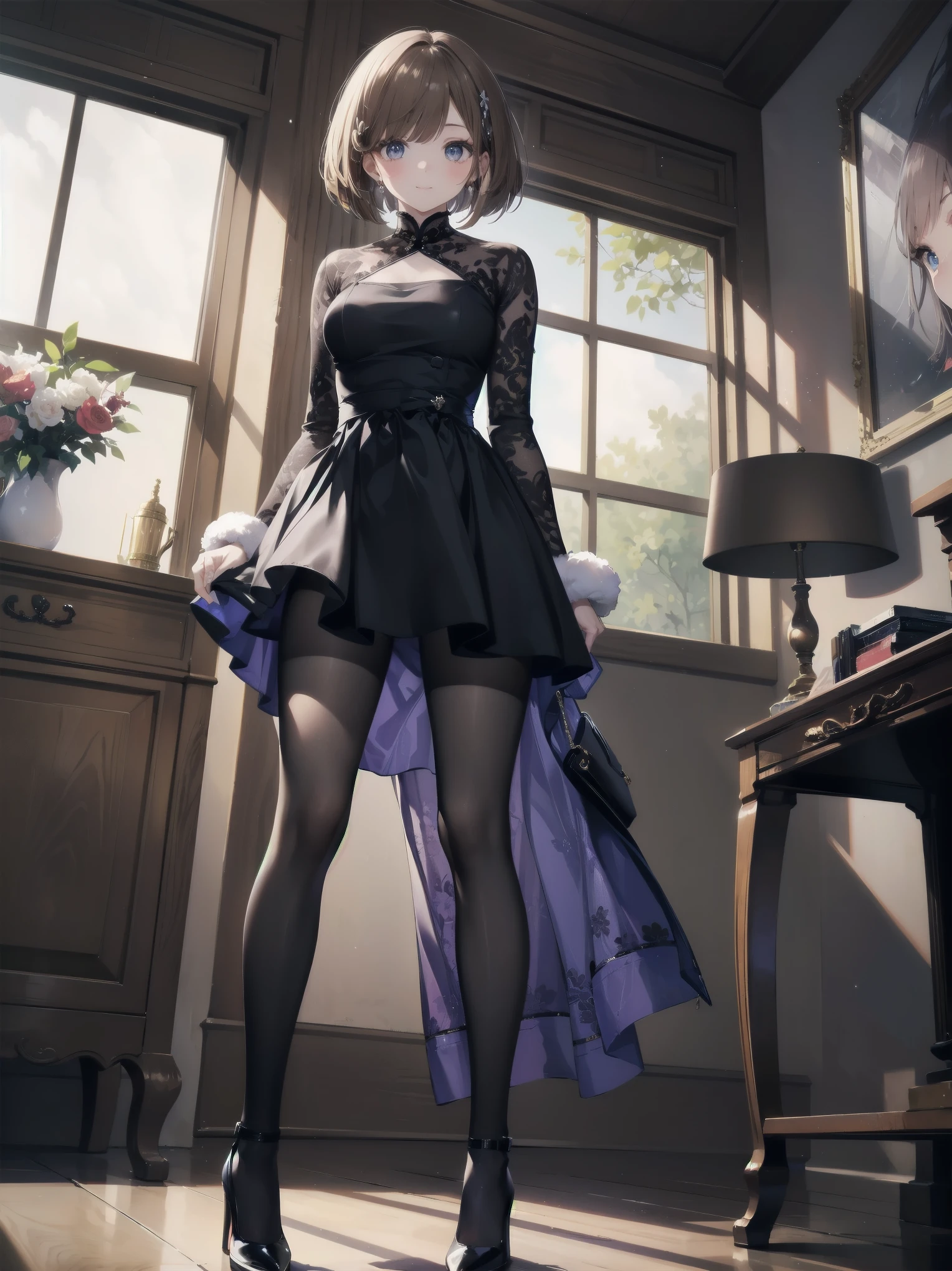(Ultimate masterpiece), (Superb quality), (Ultra-detailed), High resolution, Ultimate beauty, High saturation, Vivid,.
1 beautiful girl,(Cute girl),(Thighs, black tights),(High heels), Ultra detailed and pretty dress from luxury brand,
Super smile, brown hair, one length bob cut braided, (standing, dynamic pose), (dainty pose, super cute), Marquis' house Zheng, indoor background,
Fashion magazine shoot, professional shading, best illustration of her looking pretty.
