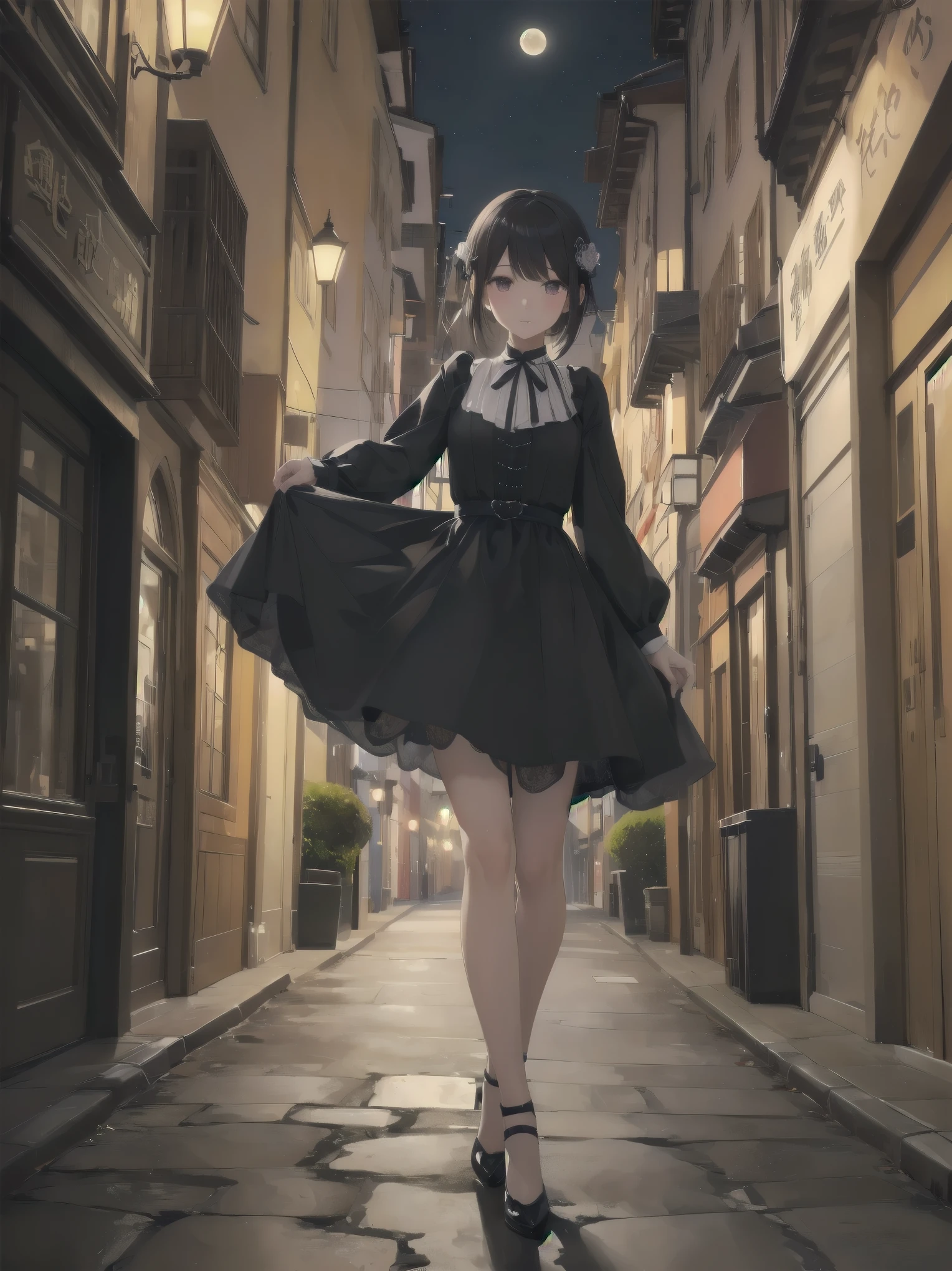 (Ultimate masterpiece), (Superb quality), (Ultra-detailed), High resolution, Ultimate beauty, High saturation, Vivid,. 1 beautiful girl,(cute girl)「the girl、While watching the moon floating in the night sky、Strolling through the streets of Vienna in the 1920s。she、With neat clothes and elegant poses、天才美少女剣士のshe必殺技を唱える