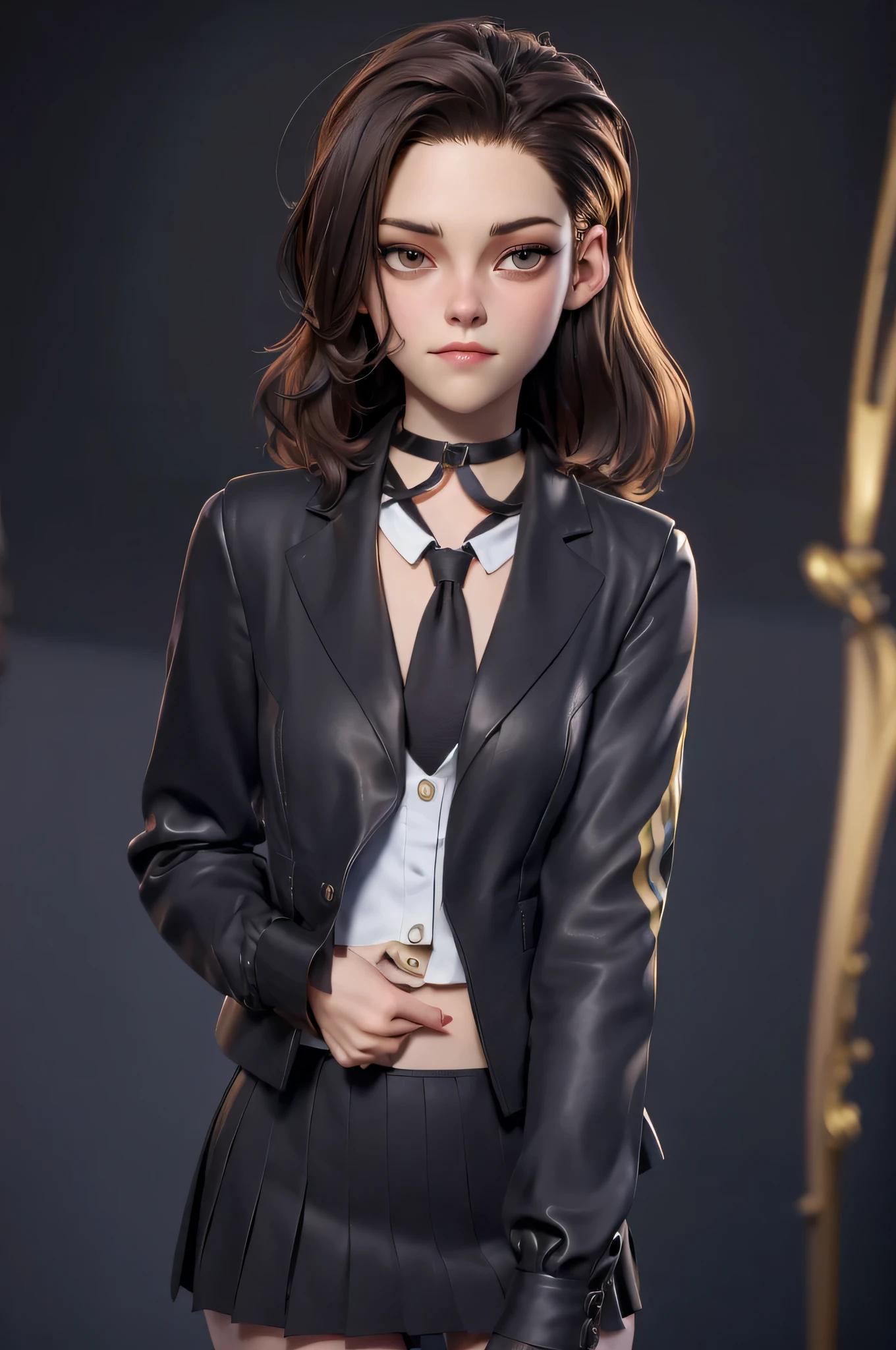 full figure, 3DMM, kst3w, Kristin Stewart, 16 years, gynoid physics, (One:1.1), Kristin Stewart, perfect face, (((black necklace))), (((night skirt suit))), (((pleated school miniskirt))), (((night color jacket))), (((Silk tie))), Windsor tie, (((White shirt))), cup size S, (((Night color miniskirt with 1 horizontal gold stripe))), One focus, fully dressed, elegantly dressed, panty shot, black thong, Half-open mouth, neat hairstyle, shoulder length hair, Brown hair, Brown eyes, beautiful detailed eyes，bright students，（very good and beautiful），（Beautiful and detailed description of the eyes), [[gentle fingers and hands:0.55]::0.85], (detail fingers), Facing the camera, (Background with：school corridor，mystical atmosphere), (Illustration, cartoon, Masterpiece, very detailed, Best quality，cinematic lighting，muted colors, detailed background, A high resolution)