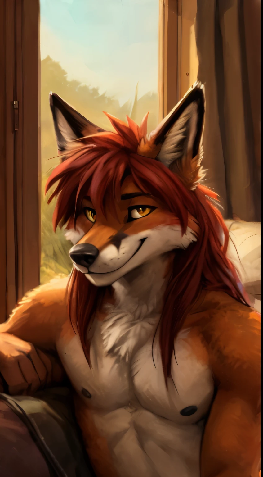 ((masterpiece, best quality)), (anthro furry:1.3, snout:1.2, anthro:1.3, furry:1.2, closeup:1.2, solo male:1.2, neckline, leaning forward, smile, red, sexy face, very muscular:1.2, biceps, pectoral muscle:1.8,nude, big balls, penis, erect), full body, Long hair, red hair, fox, yellow eyes, by Zackary911, Kenket, Kilinah, Zackary911, black nipples, bedroom, cum