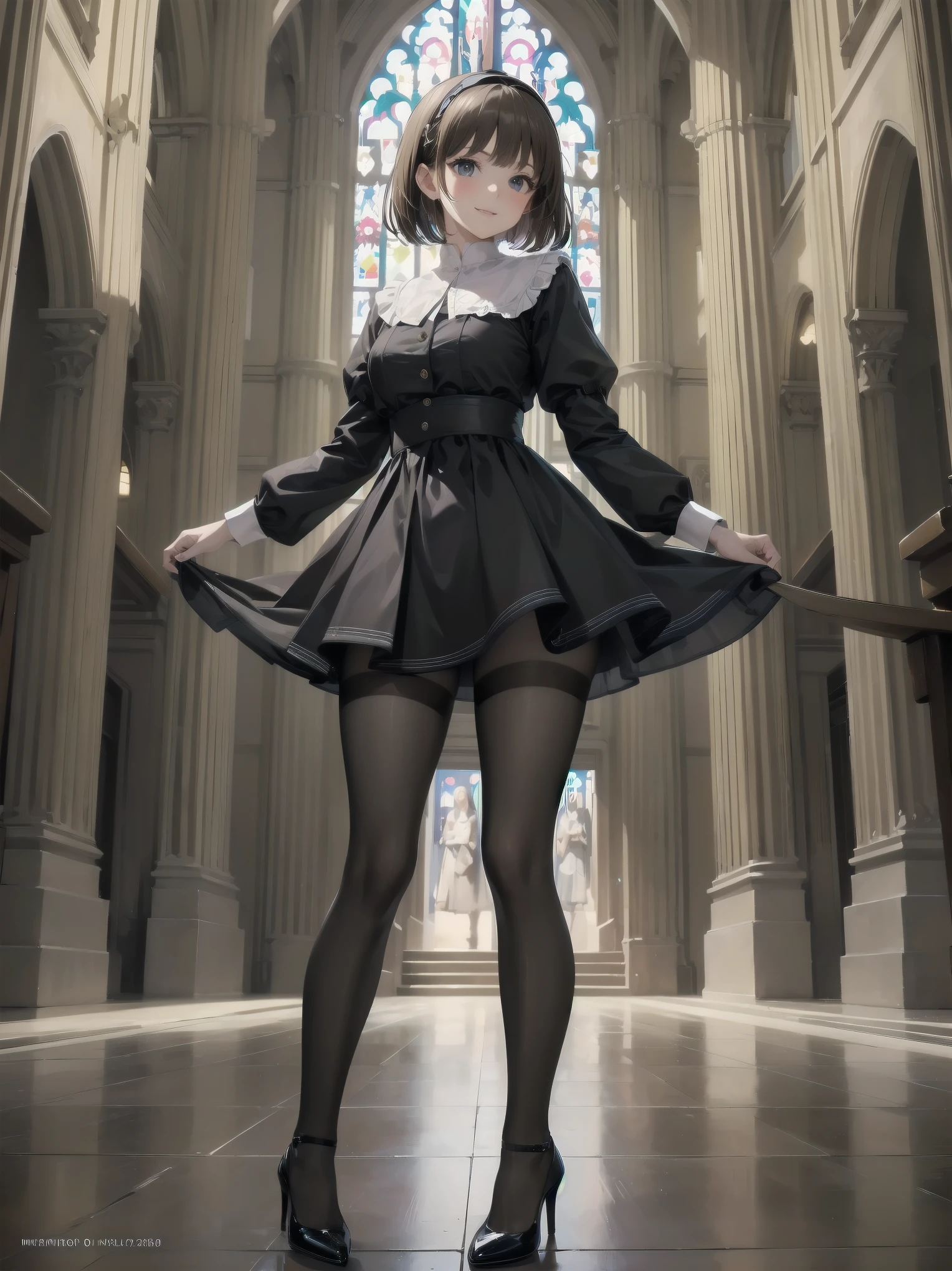 (Ultimate masterpiece), (Superb quality), (Ultra-detailed), High resolution, Ultimate beauty, High saturation, Vivid,.
1 beautiful girl, (cute girl), (thighs, black tights), (high heels), (cathedral dress), convent dress,
Super smile, brown hair, one length bob cut braided, (standing, dynamic pose), (dainty pose, super cute), oldest and historic place of worship, indoor background,
Fashion magazine shoot, professional shading, best illustration of her looking pretty.