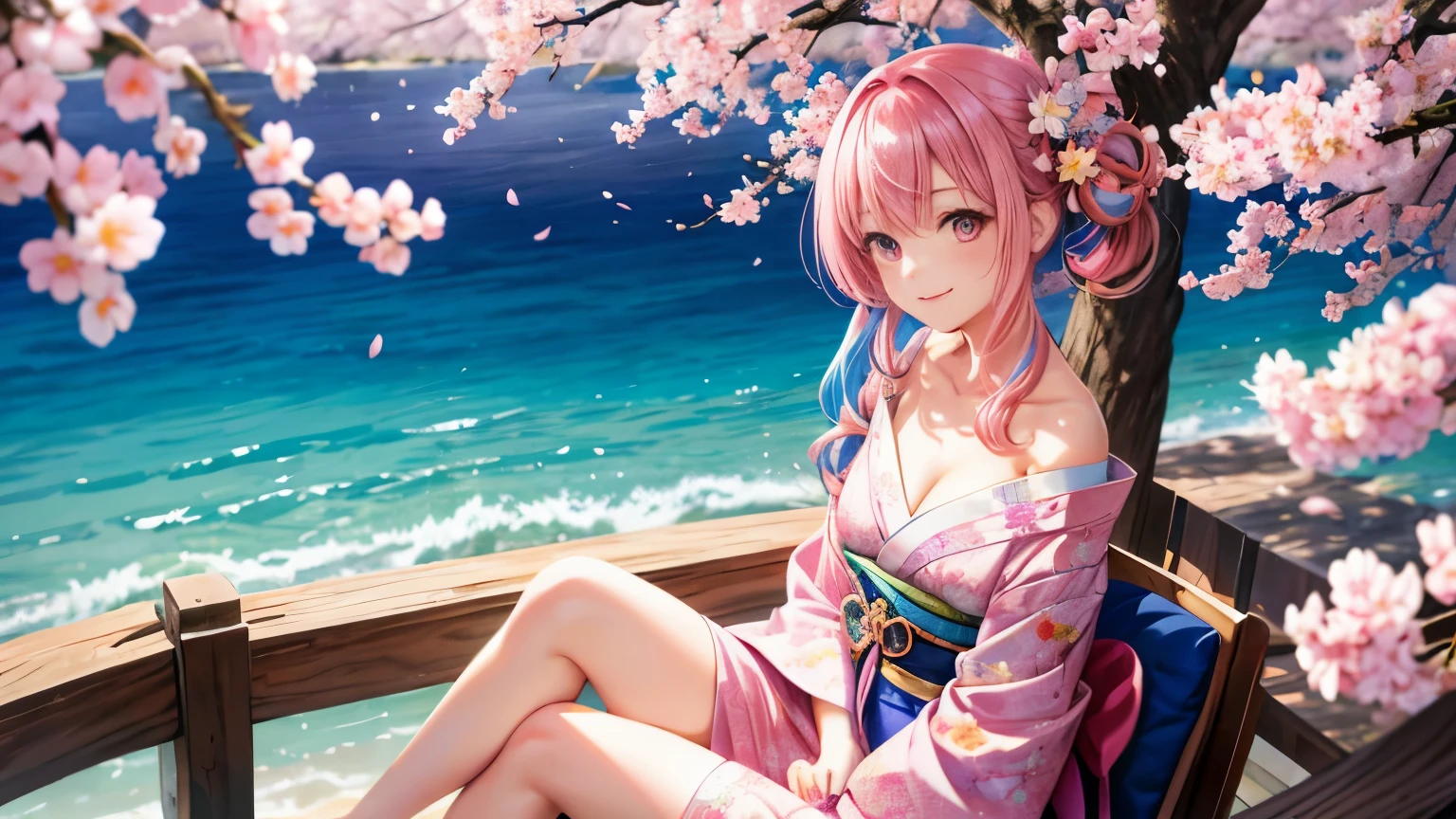 anime, one girl, colorful hair,pink hair and blue hair、 Hair is tangled, pink eyes, Kyoto, cherry blossoms、petal、moon, pink patterned kimono, off shoulder, sitting, alone,cleavage、smile