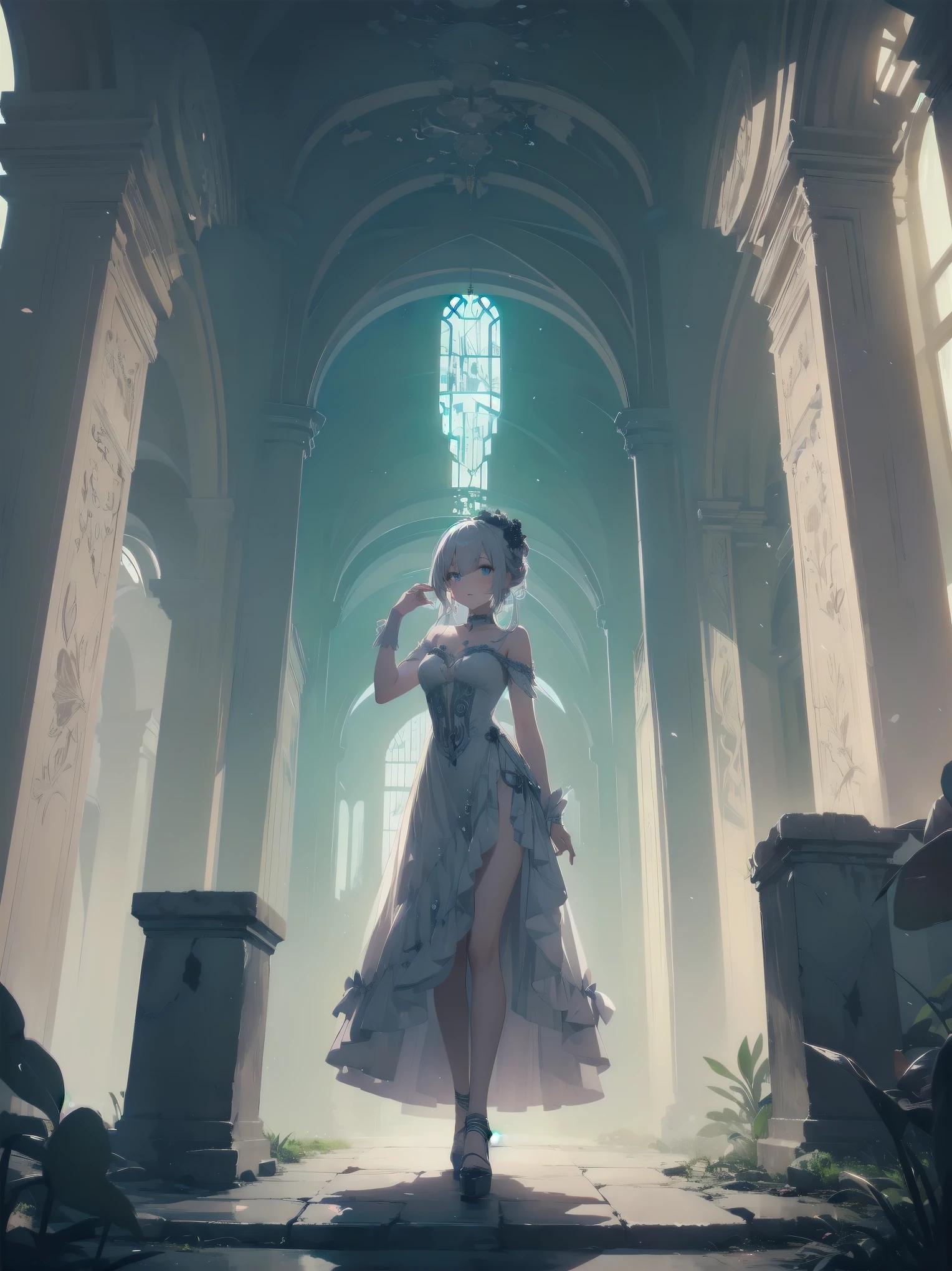 ultra detail high quality animerealistic One woman, a young woman, stands in a dimly lit corridor of an abandoned castle. A thin, (glowing translucent human figure:1.4). Beautiful female,white negligee. The other side of the ghost's body can be seen thinly beyond.