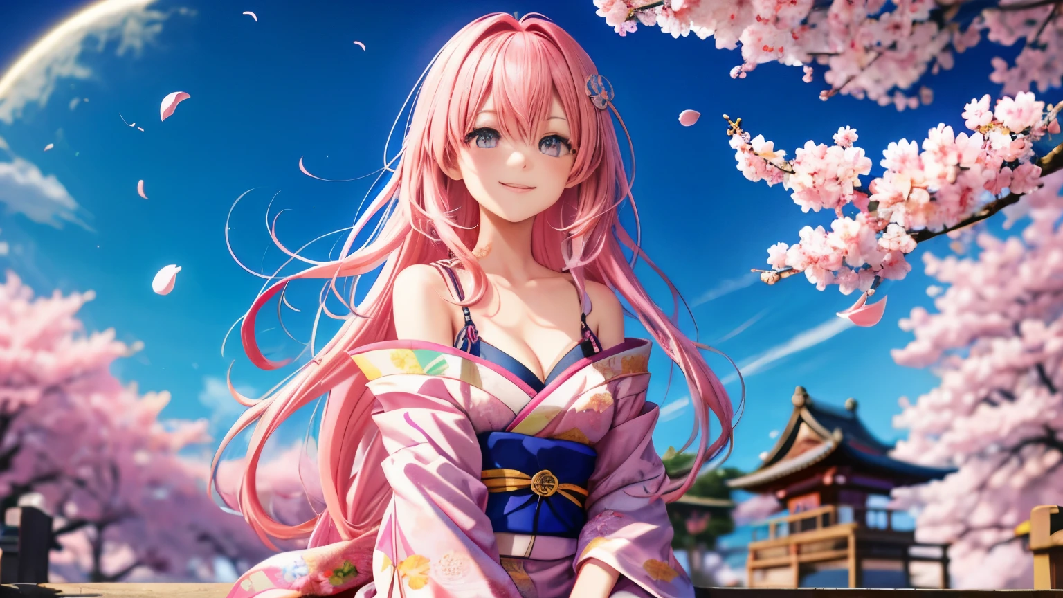 Anime girl in kimono outfit sitting on a bench with cherry blossoms ...